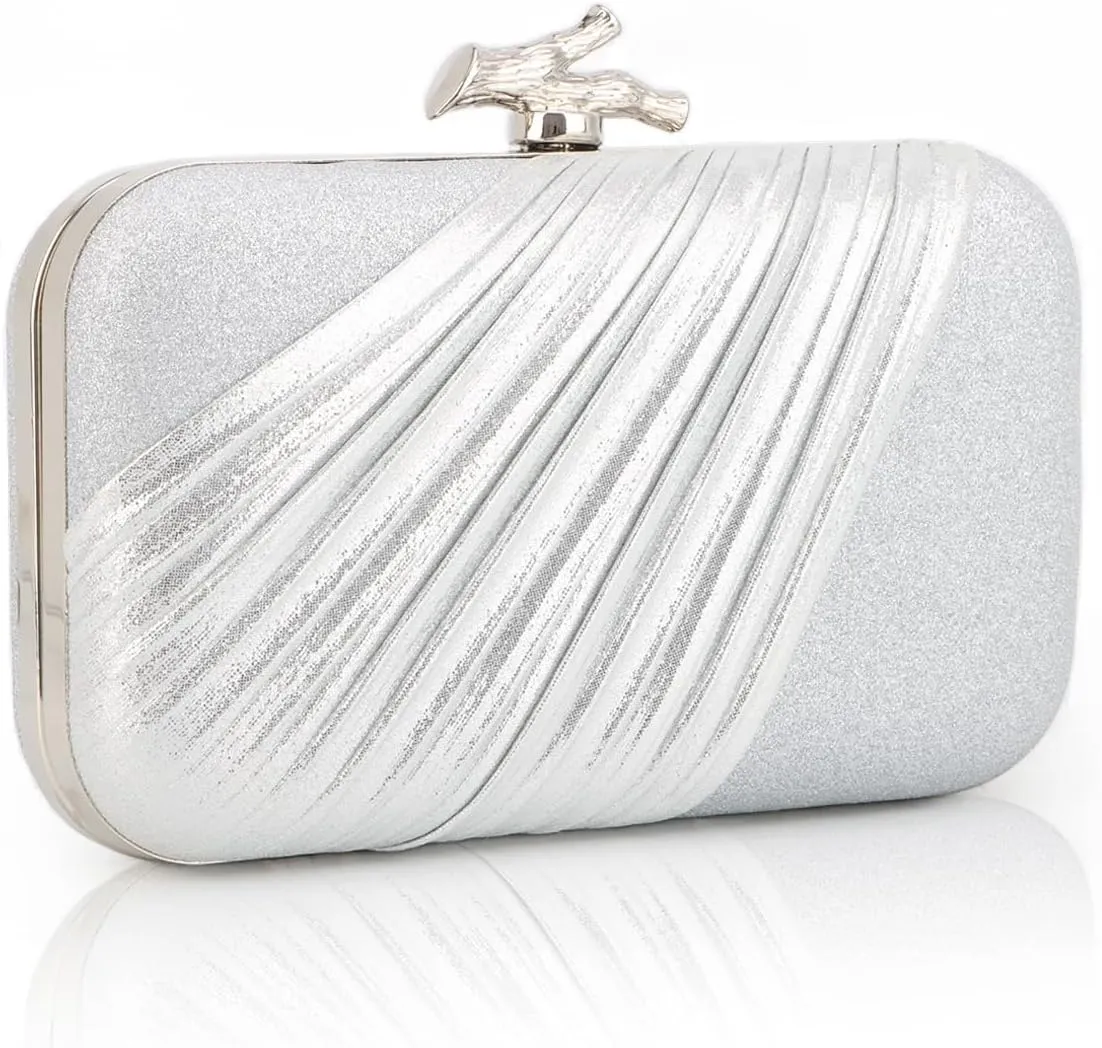 Fecialy Clutch Purses for Women Evening Bag Pleated Satin Formal Handbag Sparkling Shoulder Crossbody Bag