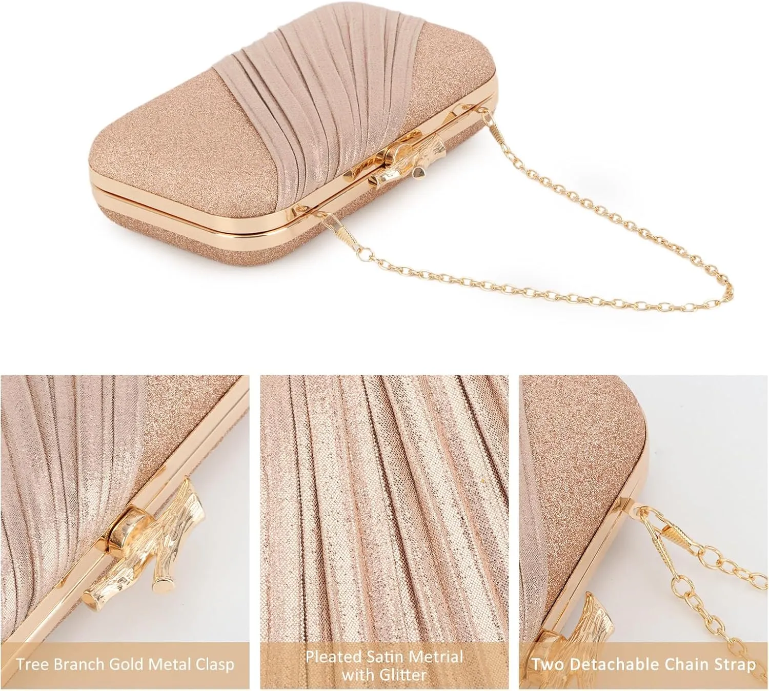 Fecialy Clutch Purses for Women Evening Bag Pleated Satin Formal Handbag Sparkling Shoulder Crossbody Bag