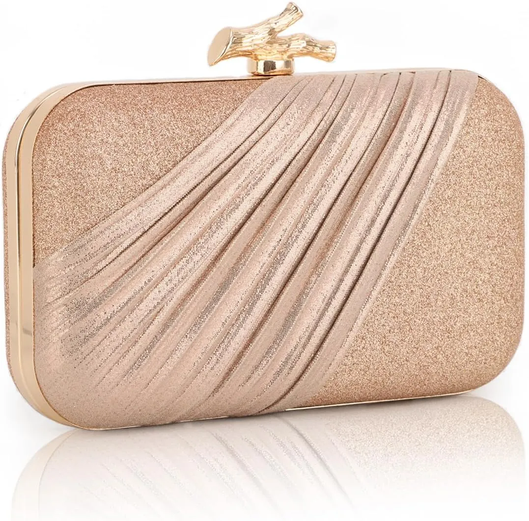 Fecialy Clutch Purses for Women Evening Bag Pleated Satin Formal Handbag Sparkling Shoulder Crossbody Bag