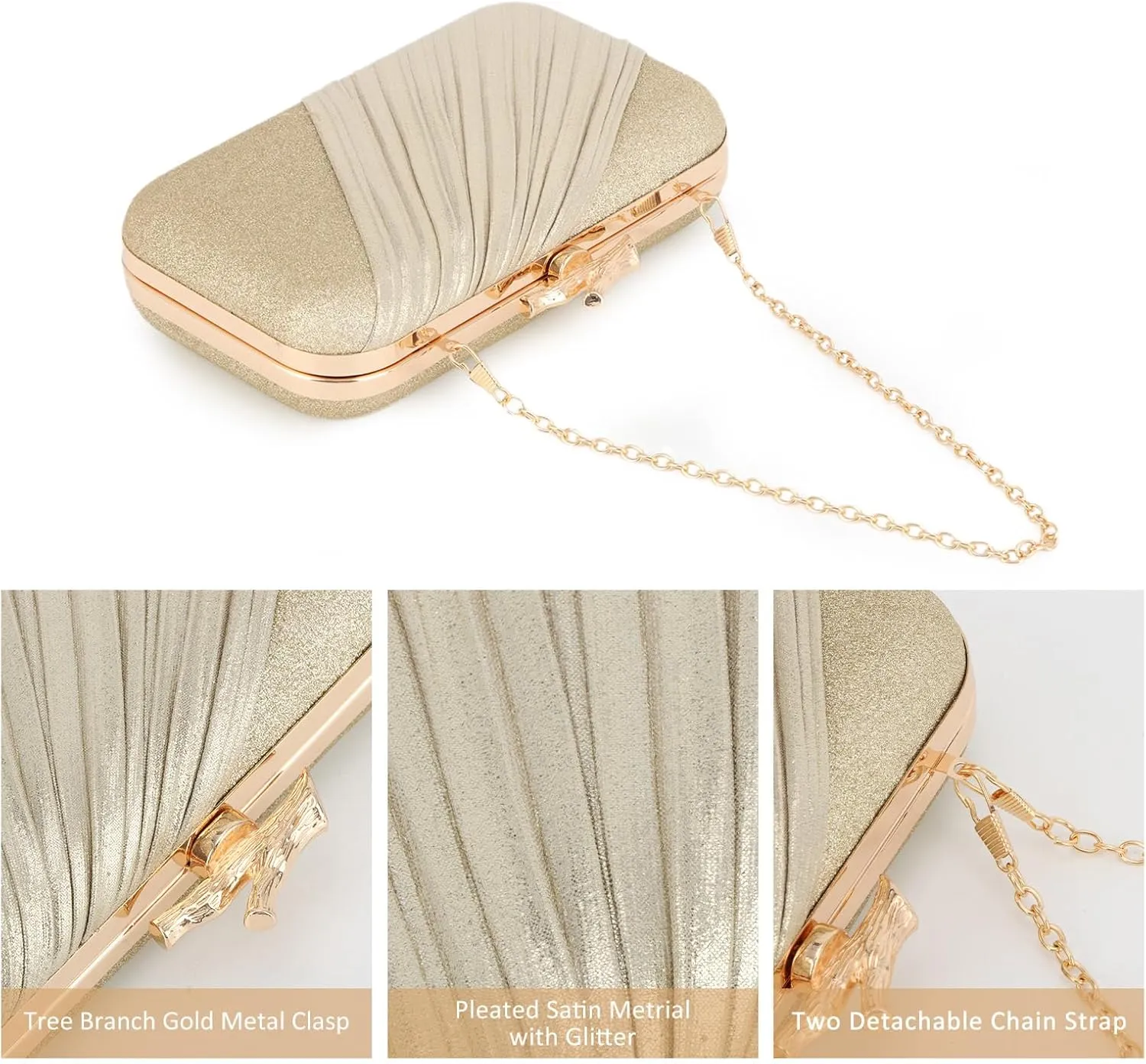 Fecialy Clutch Purses for Women Evening Bag Pleated Satin Formal Handbag Sparkling Shoulder Crossbody Bag
