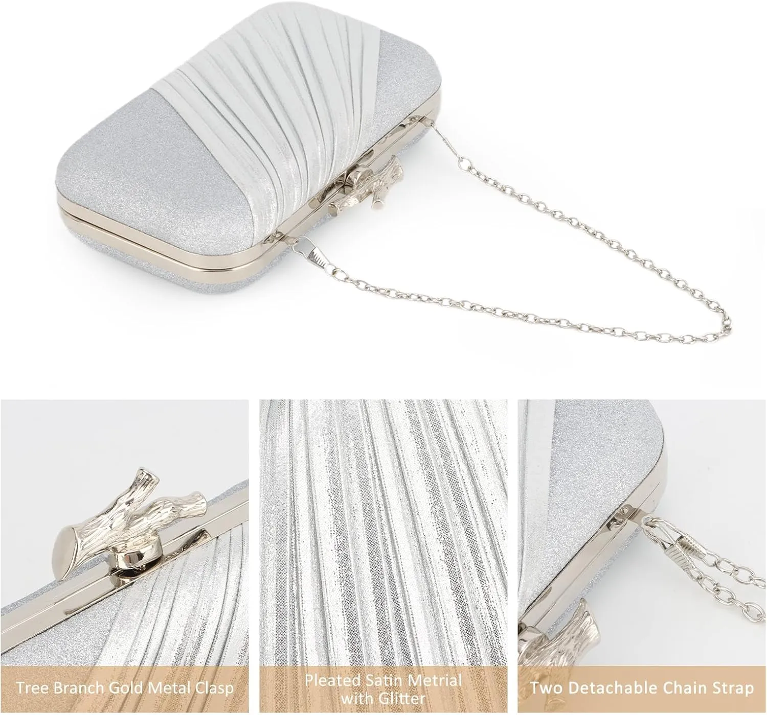 Fecialy Clutch Purses for Women Evening Bag Pleated Satin Formal Handbag Sparkling Shoulder Crossbody Bag