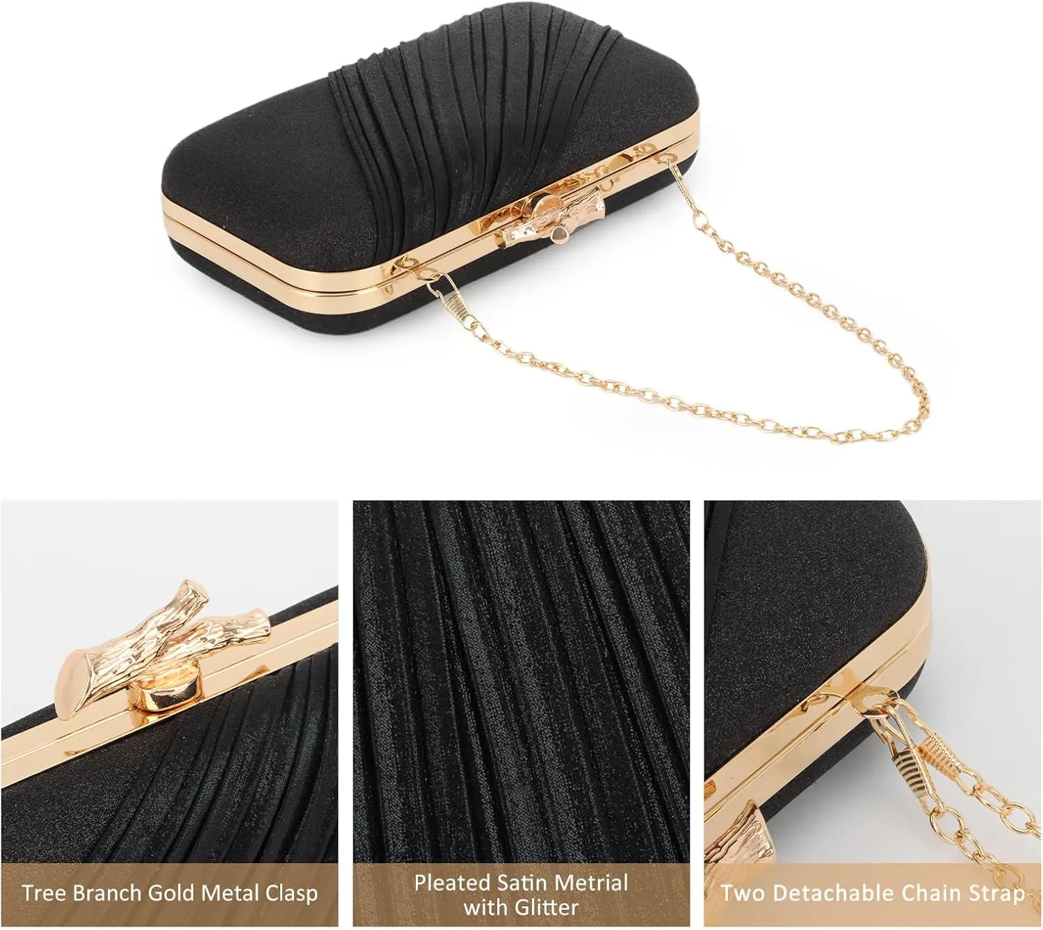 Fecialy Clutch Purses for Women Evening Bag Pleated Satin Formal Handbag Sparkling Shoulder Crossbody Bag