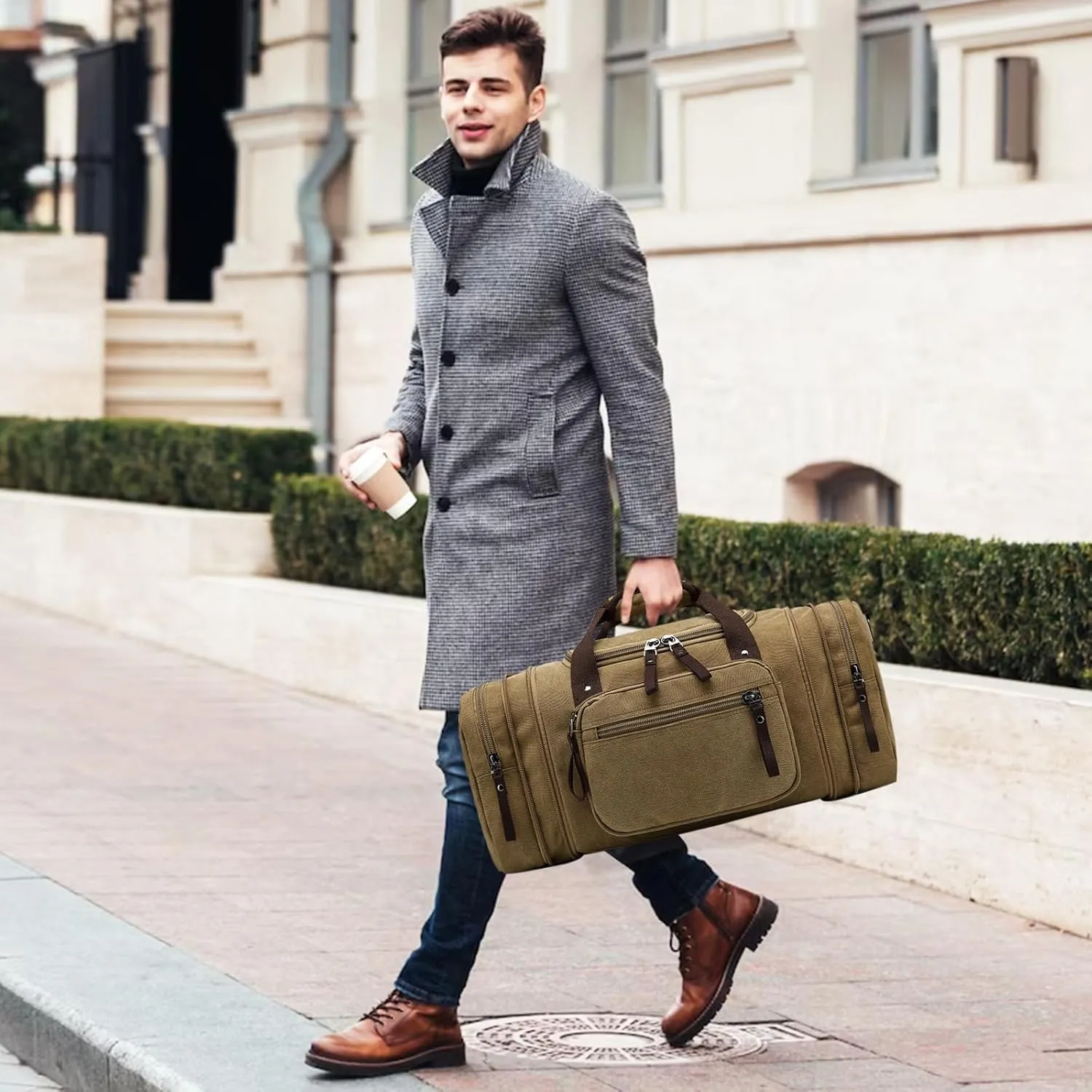 Felipe Varela Duffle Bag for Men, Expandable Canvas Duffel Bag for Travel, Mens Carry On Luggage Bags Traveling Weekender Gym Overnight Bags for Airplanes, Coffee