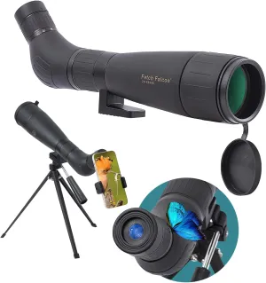 Fetch Falcon Spotting Scope 20-60X60 FMC HD Compact (Long Range Spotting, Water-Resistant) with Metal Tripod, Carry Bag, Phone Holder