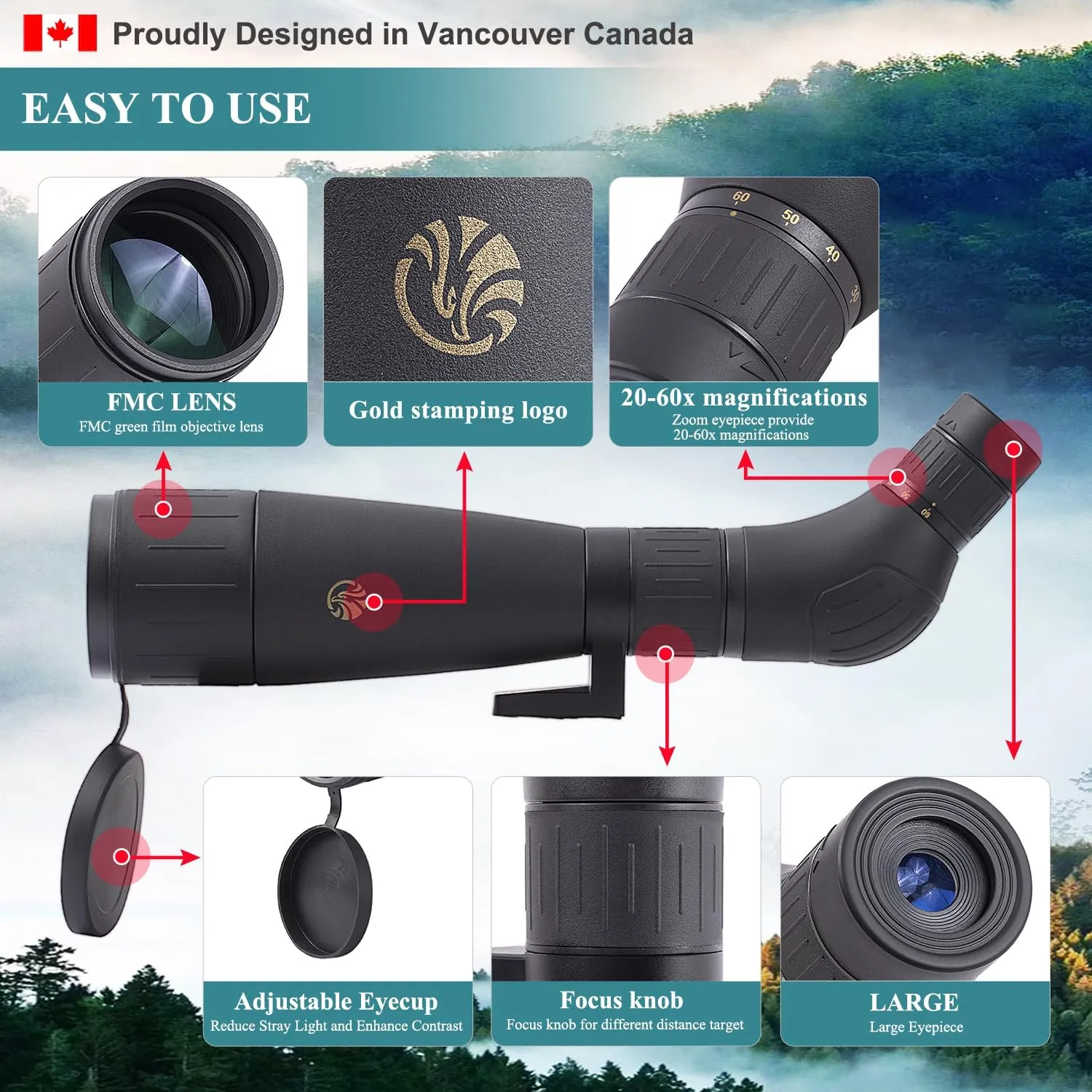 Fetch Falcon Spotting Scope 20-60X60 FMC HD Compact (Long Range Spotting, Water-Resistant) with Metal Tripod, Carry Bag, Phone Holder