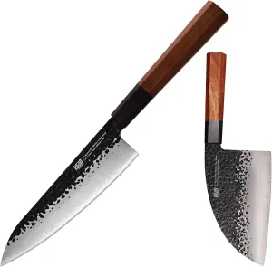 FINDKING Dynasty Series 6.5" Serbian Cleaver and 8" Chefs Knife, High Carbon Clad Steel Octagonal Handle Kitchen Cook's Knives