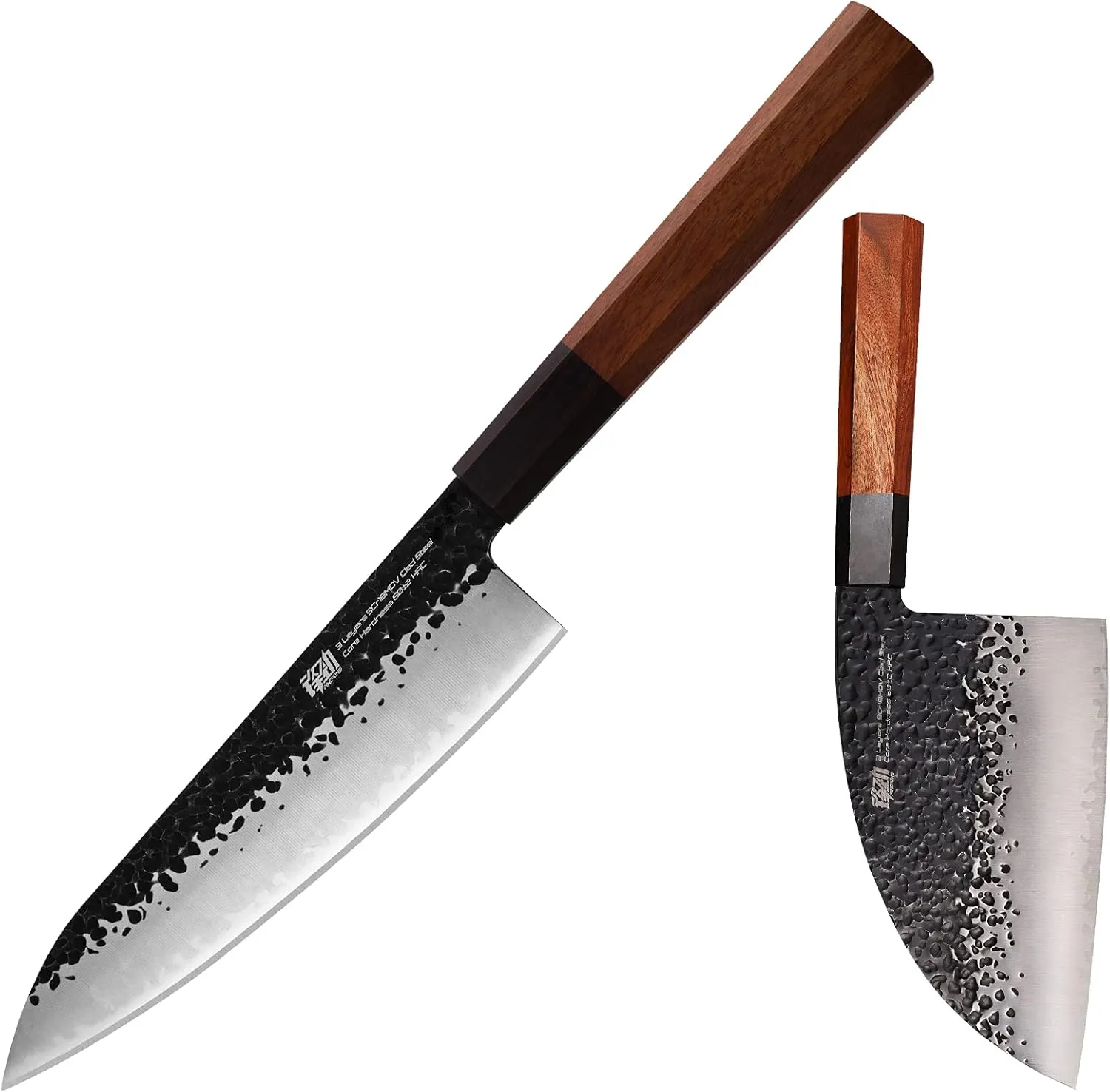 FINDKING Dynasty Series 6.5" Serbian Cleaver and 8" Chefs Knife, High Carbon Clad Steel Octagonal Handle Kitchen Cook's Knives