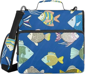 Fishes Blue 3 Ring Zipper Binder with Shoulder Strap Portfolio Binder Case for Work Business School Document Storage