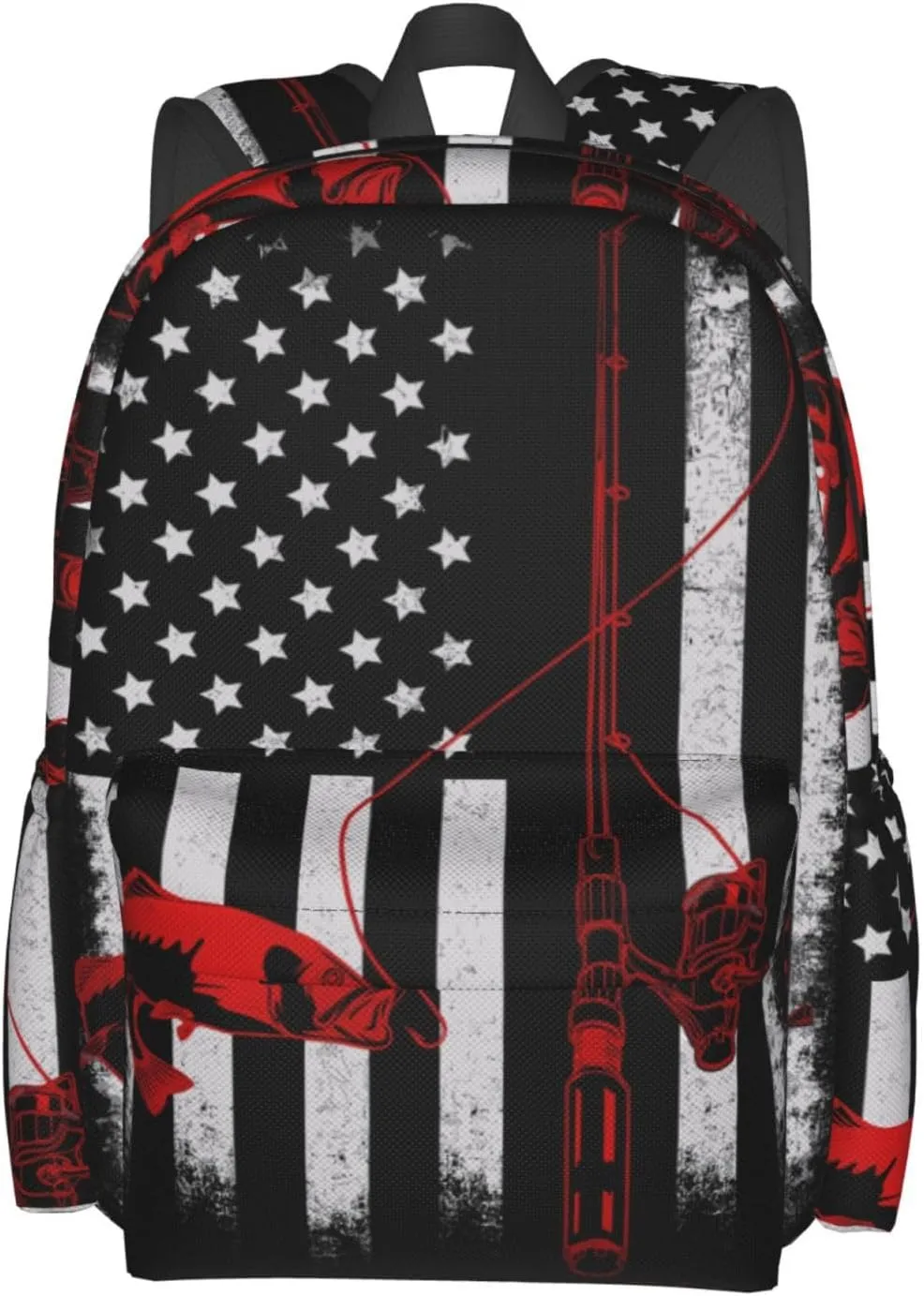 Fishing Fish American Flag Casual Backpacks Large Travel Backpack Laptop Rucksack Sports Daypack Adjustable Strap Bag for Camping Hiking