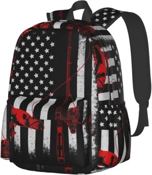 Fishing Fish American Flag Casual Backpacks Large Travel Backpack Laptop Rucksack Sports Daypack Adjustable Strap Bag for Camping Hiking