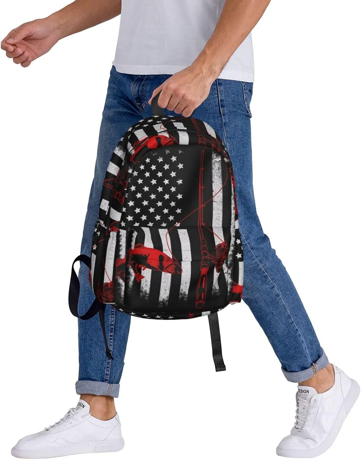 Fishing Fish American Flag Casual Backpacks Large Travel Backpack Laptop Rucksack Sports Daypack Adjustable Strap Bag for Camping Hiking