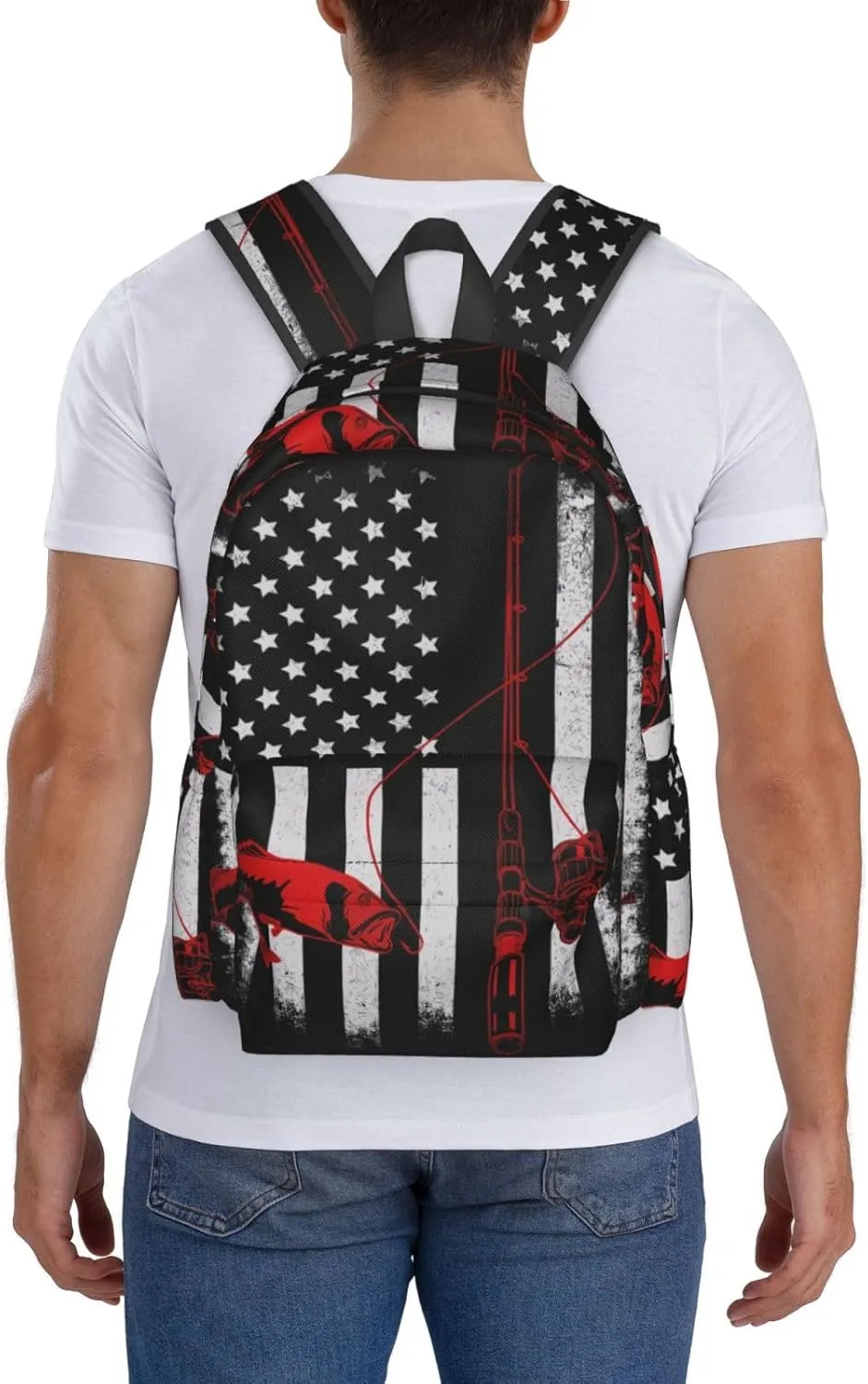 Fishing Fish American Flag Casual Backpacks Large Travel Backpack Laptop Rucksack Sports Daypack Adjustable Strap Bag for Camping Hiking