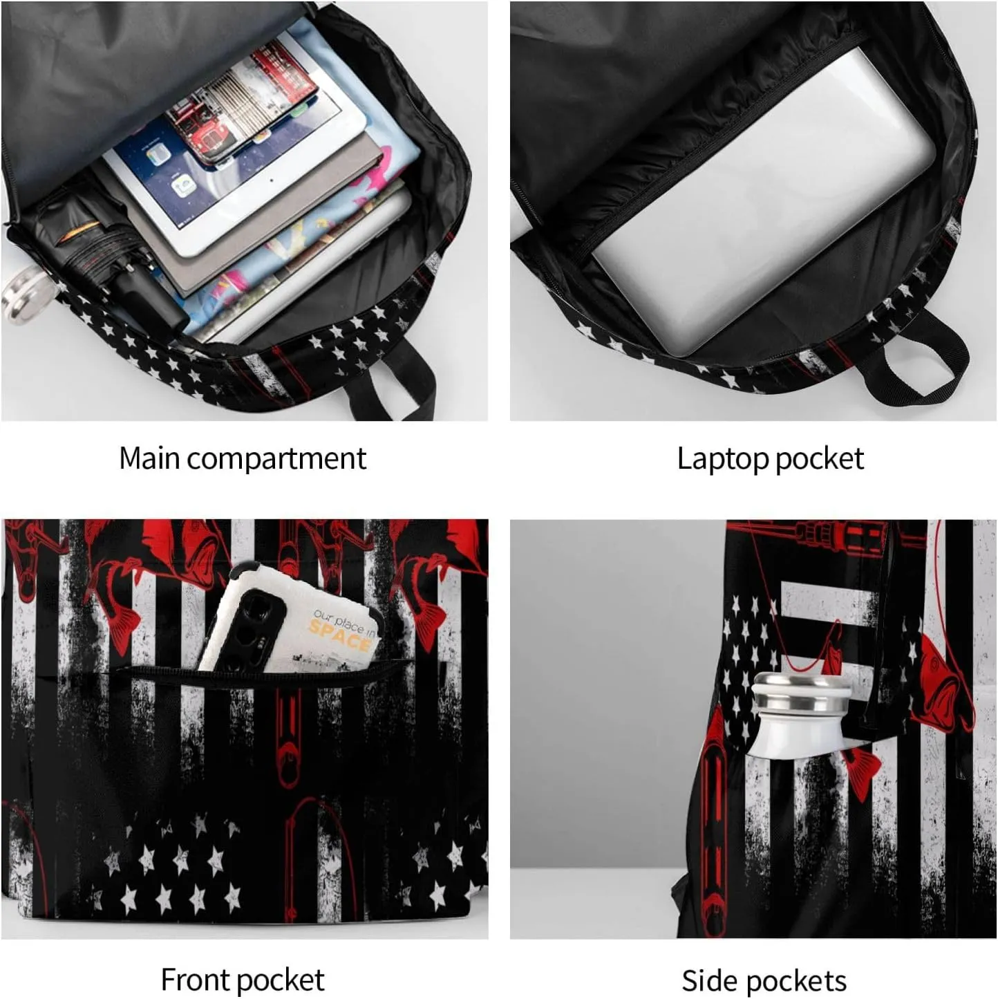 Fishing Fish American Flag Casual Backpacks Large Travel Backpack Laptop Rucksack Sports Daypack Adjustable Strap Bag for Camping Hiking