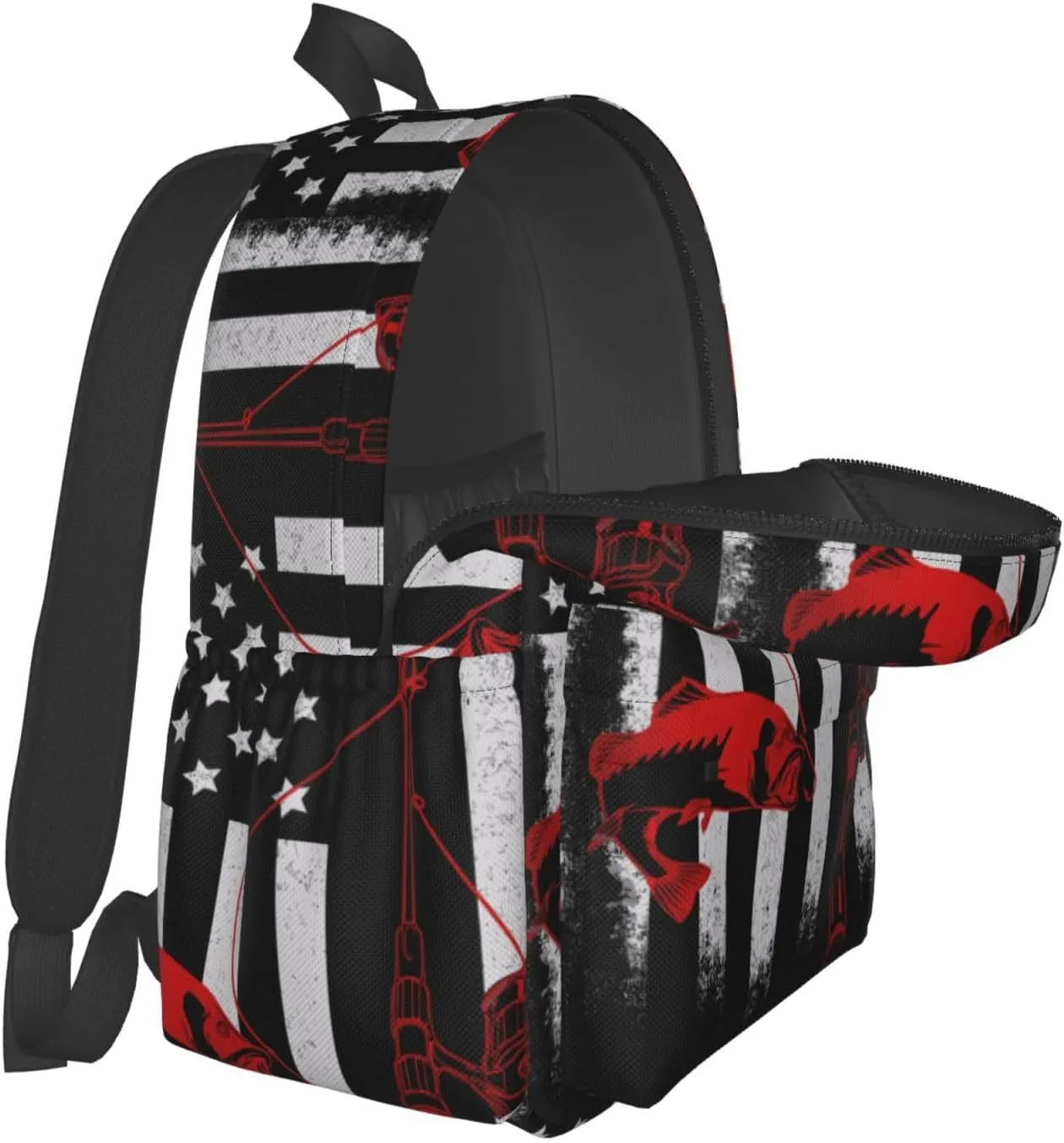 Fishing Fish American Flag Casual Backpacks Large Travel Backpack Laptop Rucksack Sports Daypack Adjustable Strap Bag for Camping Hiking