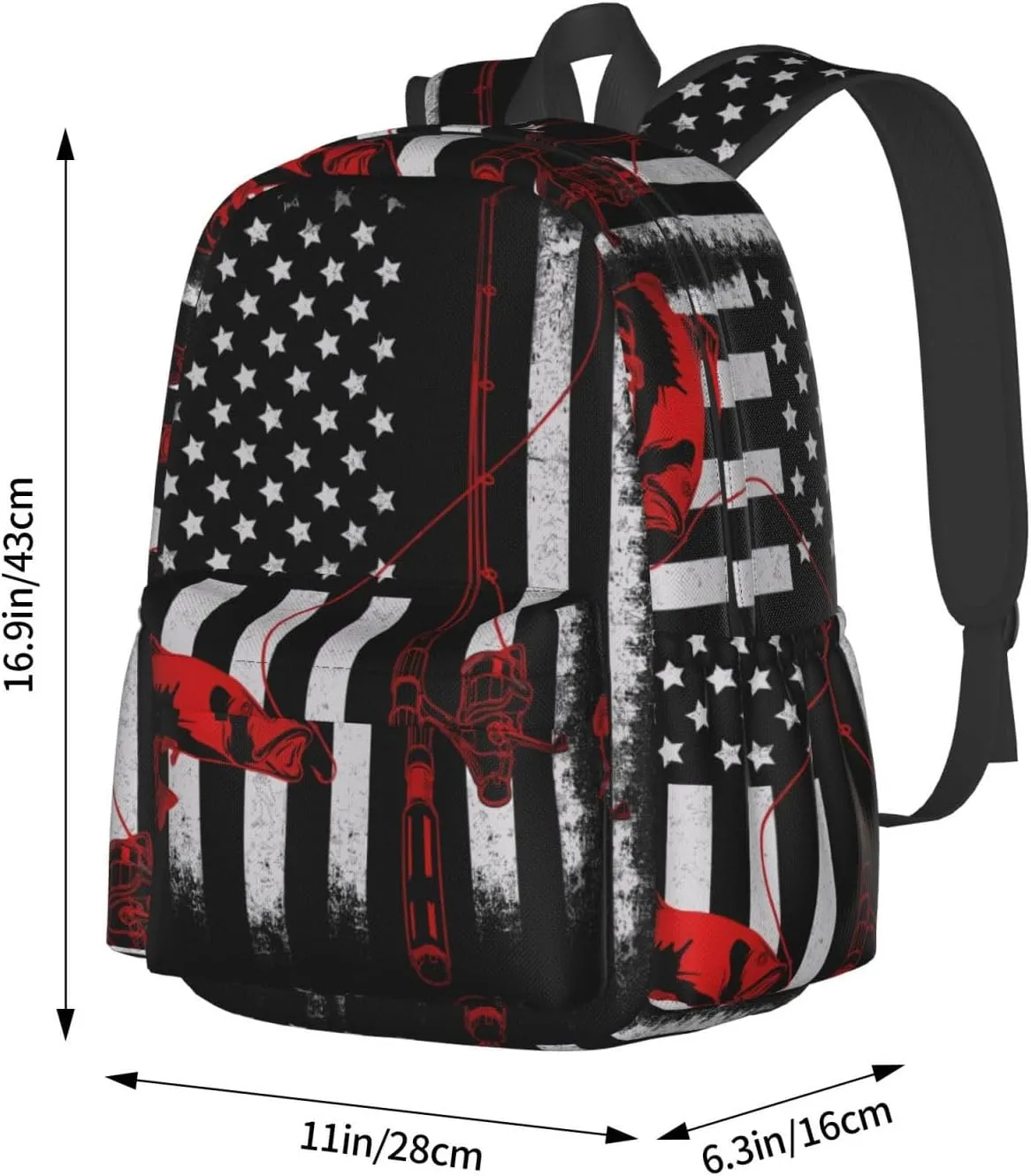 Fishing Fish American Flag Casual Backpacks Large Travel Backpack Laptop Rucksack Sports Daypack Adjustable Strap Bag for Camping Hiking