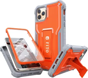 FITO Compatible with iPhone 11 Pro Max Case, Dual Layer Shockproof Heavy Duty Case with Screen Protector for iPhone 11 Pro Max and iPhone Xs Max 6.5 inch Phone, Built-in Kickstand (Orange)