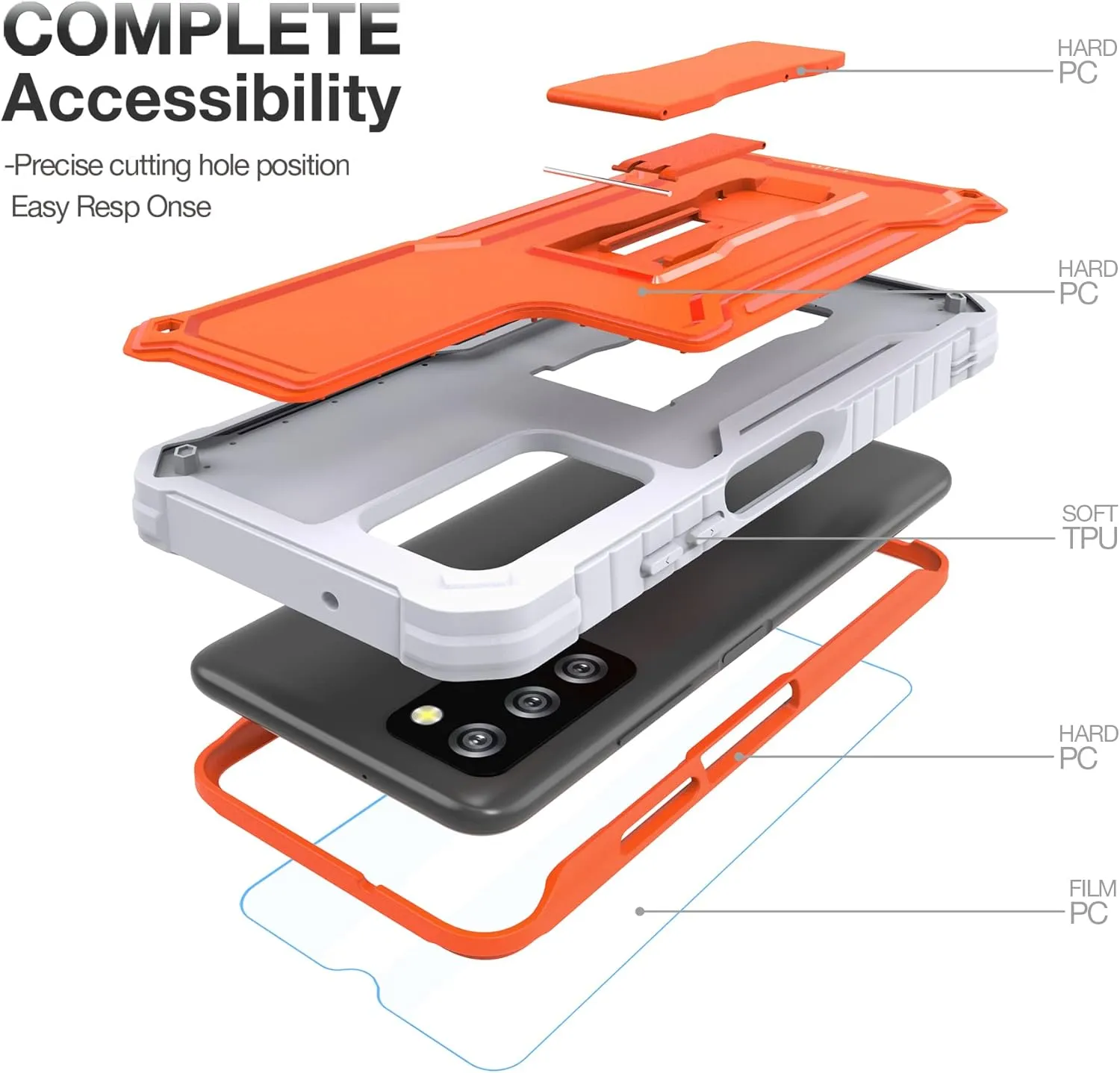 FITO for Samsung Galaxy A03S 5G Case, Dual Layer Shockproof Heavy Duty Case with Glass Screen Protector for Samsung A03S 5G Phone, Built in Kickstand (Orange)