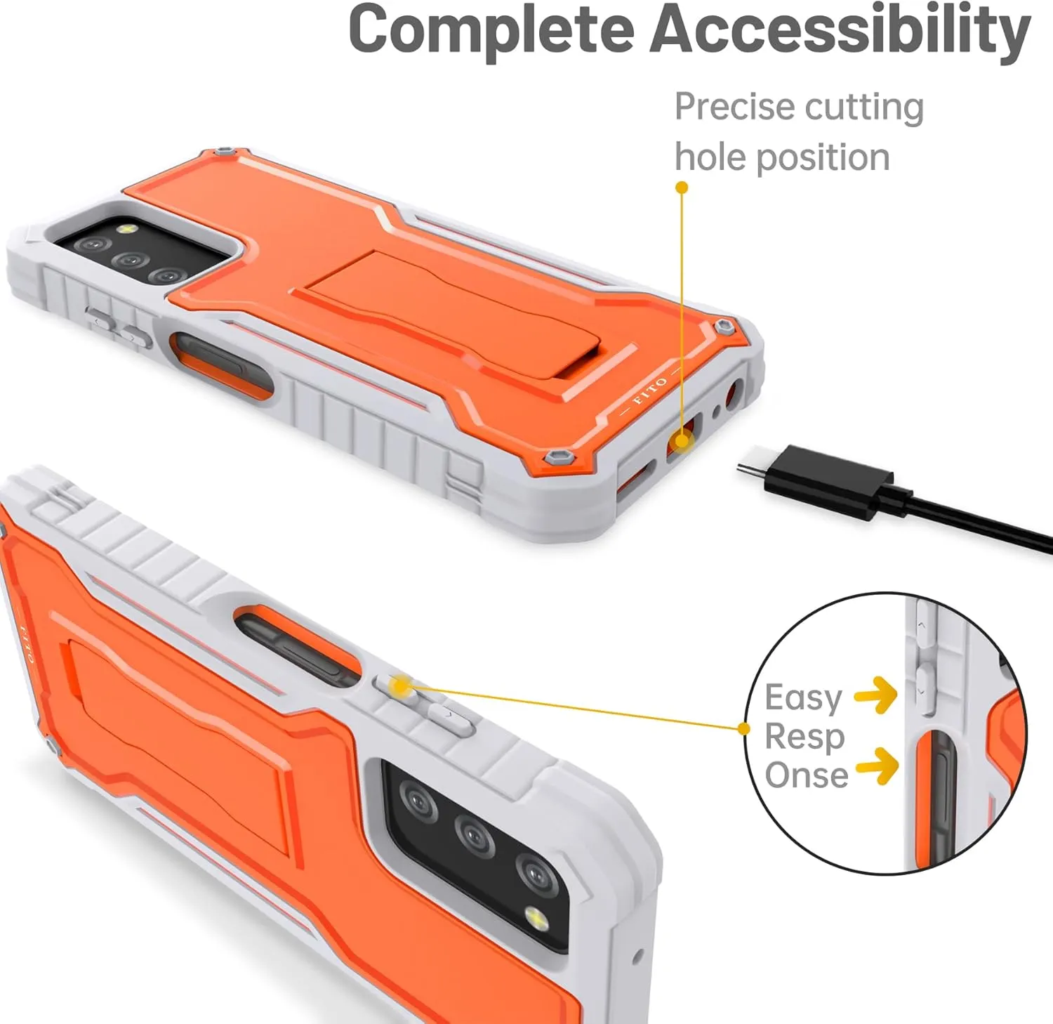 FITO for Samsung Galaxy A03S 5G Case, Dual Layer Shockproof Heavy Duty Case with Glass Screen Protector for Samsung A03S 5G Phone, Built in Kickstand (Orange)