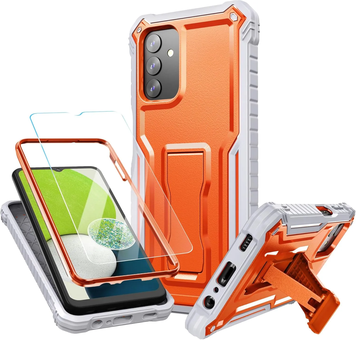 FITO for Samsung Galaxy A03S 5G Case, Dual Layer Shockproof Heavy Duty Case with Glass Screen Protector for Samsung A03S 5G Phone, Built in Kickstand (Orange)