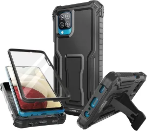 FITO for Samsung Galaxy A12 Case, Dual Layer Shockproof Heavy Duty Case with Screen Protector for Samsung A12 Phone, Built-in Kickstand (Black)