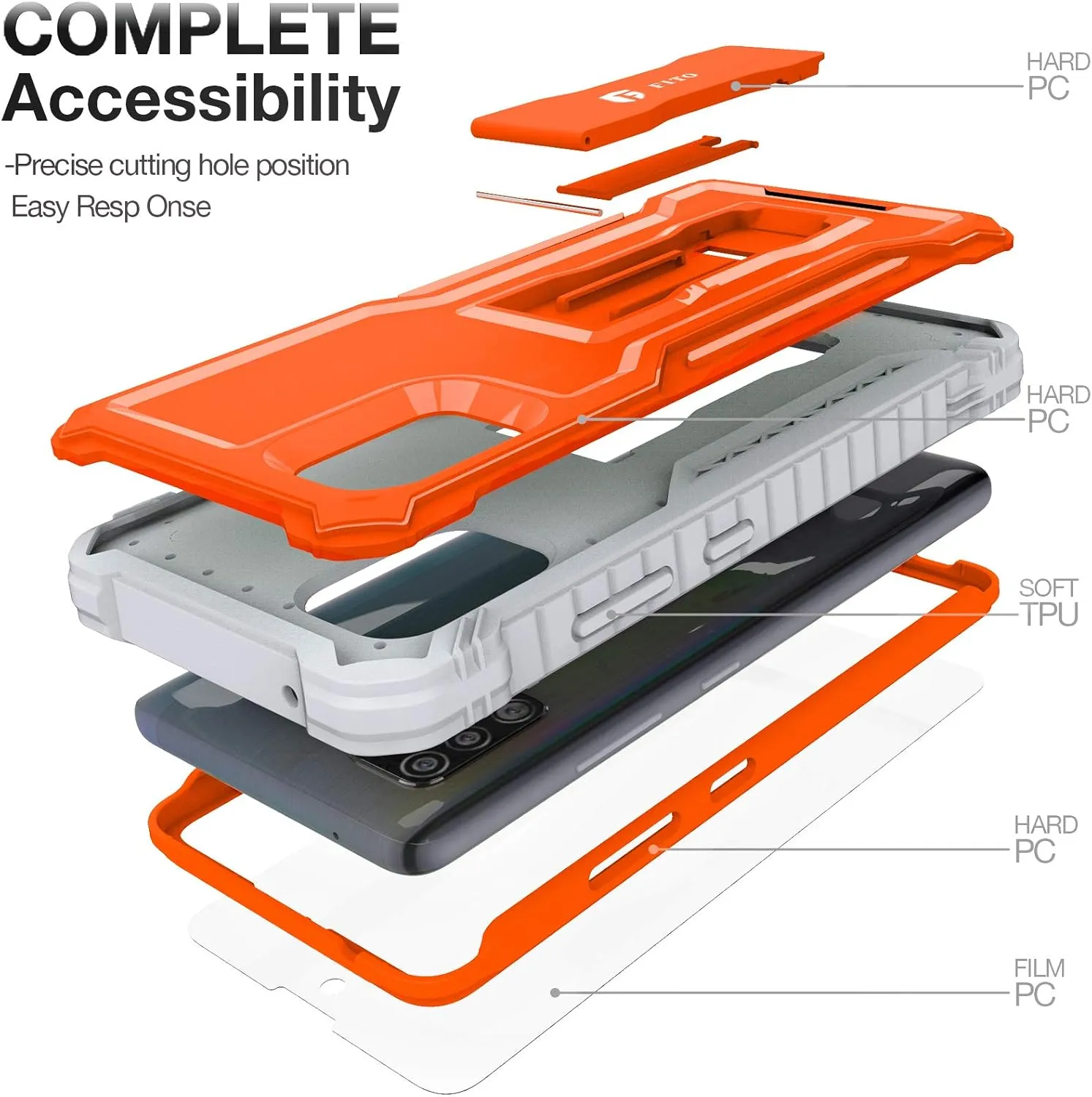 FITO for Samsung Galaxy A51 5G Case, Dual Layer Shockproof Heavy Duty Case for Samsung A51 5G Phone with Screen Protector, Built-in Kickstand (Orange)