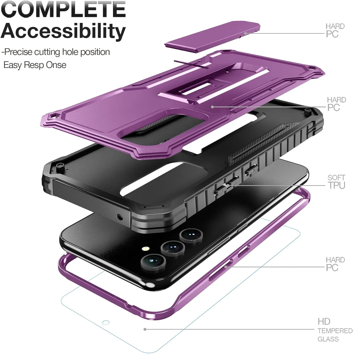 FITO for Samsung Galaxy A54 5G Case, Dual Layer Shockproof Heavy Duty Case Come with Glass Screen Protector, Built-in Kickstand (Purple)