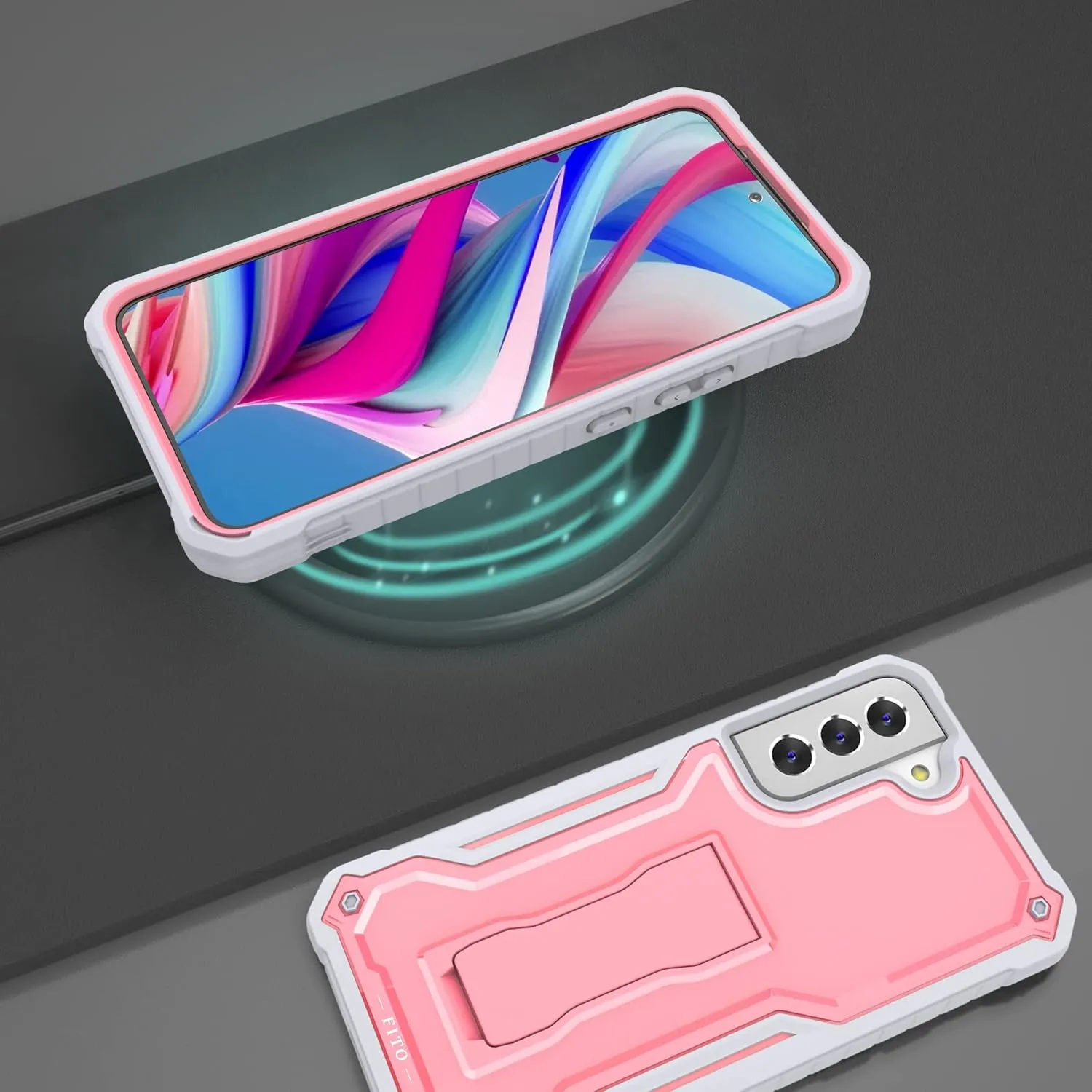 FITO for Samsung Galaxy S22 Plus Case, Dual Layer Shockproof Heavy Duty Case for Samsung S22 Plus with Screen Protector, Built in Kickstand (Pink)