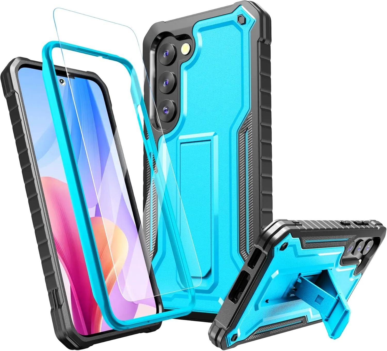 FITO for Samsung Galaxy S23 Case, Dual Layer Shockproof Heavy Duty Case for Samsung S23 with Screen Protector, Built in Kickstand (Blue)