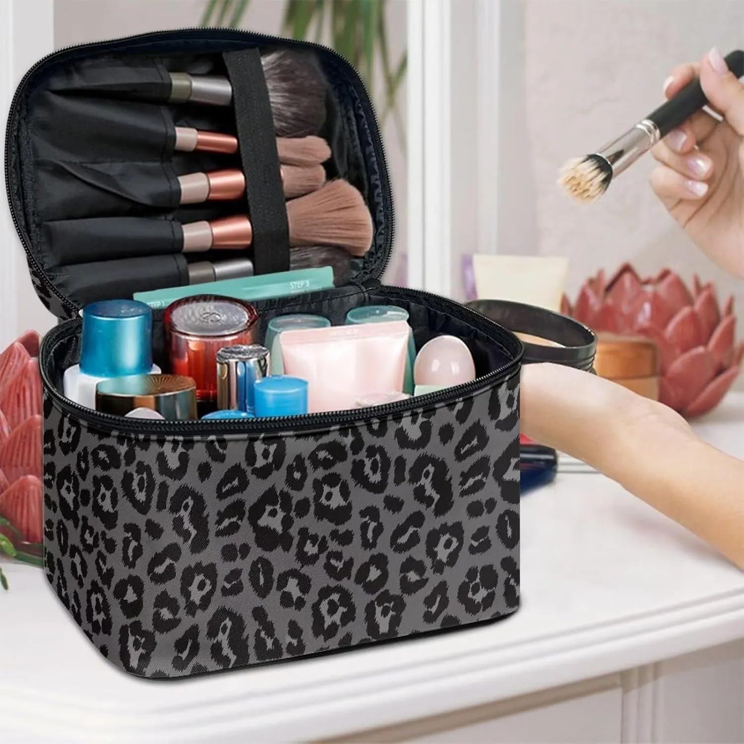 Flashideas Black Leopard Makeup Organizer - Large Capacity Travel Makeup Bag with Easy Hold, Vertical Storage