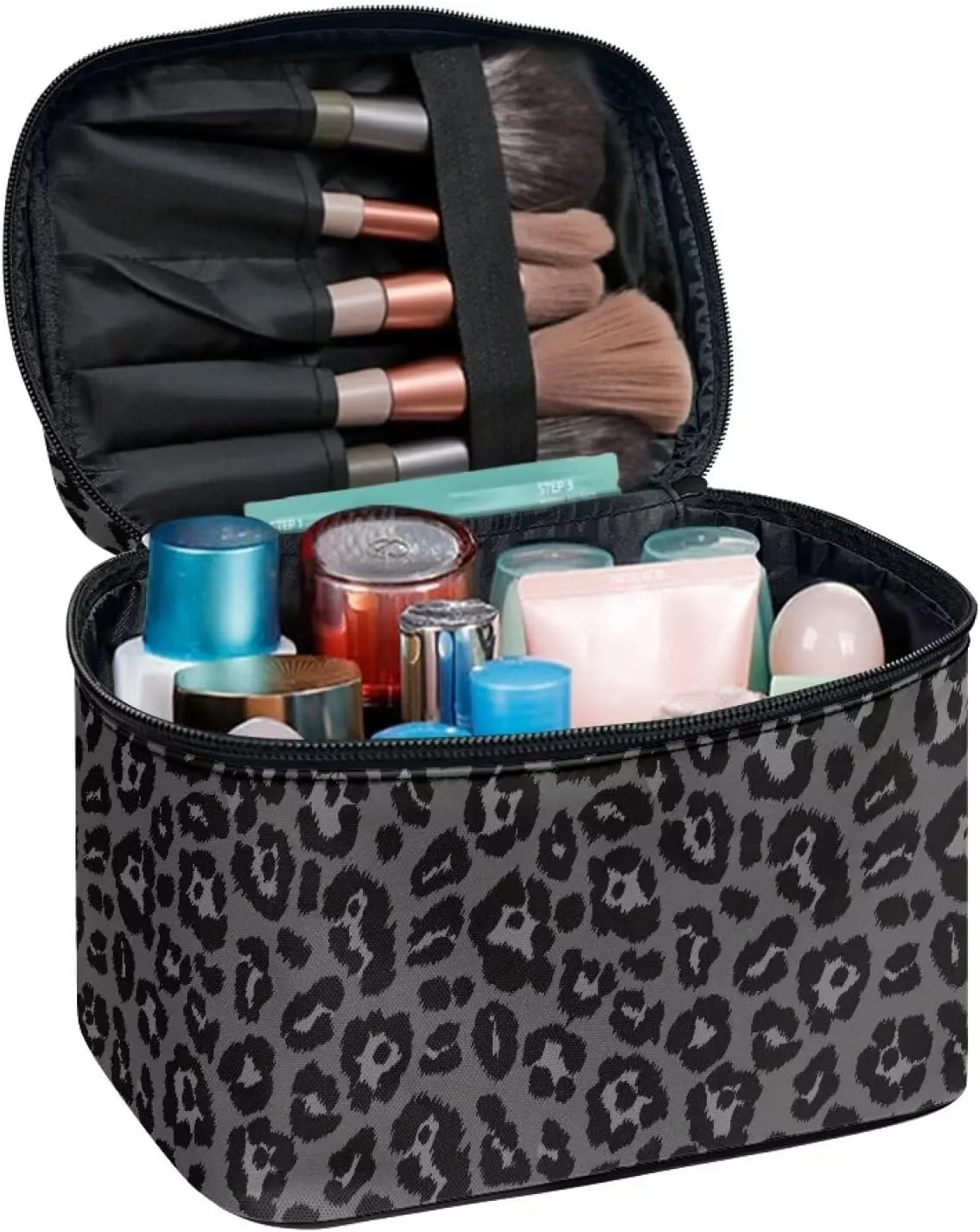 Flashideas Black Leopard Makeup Organizer - Large Capacity Travel Makeup Bag with Easy Hold, Vertical Storage