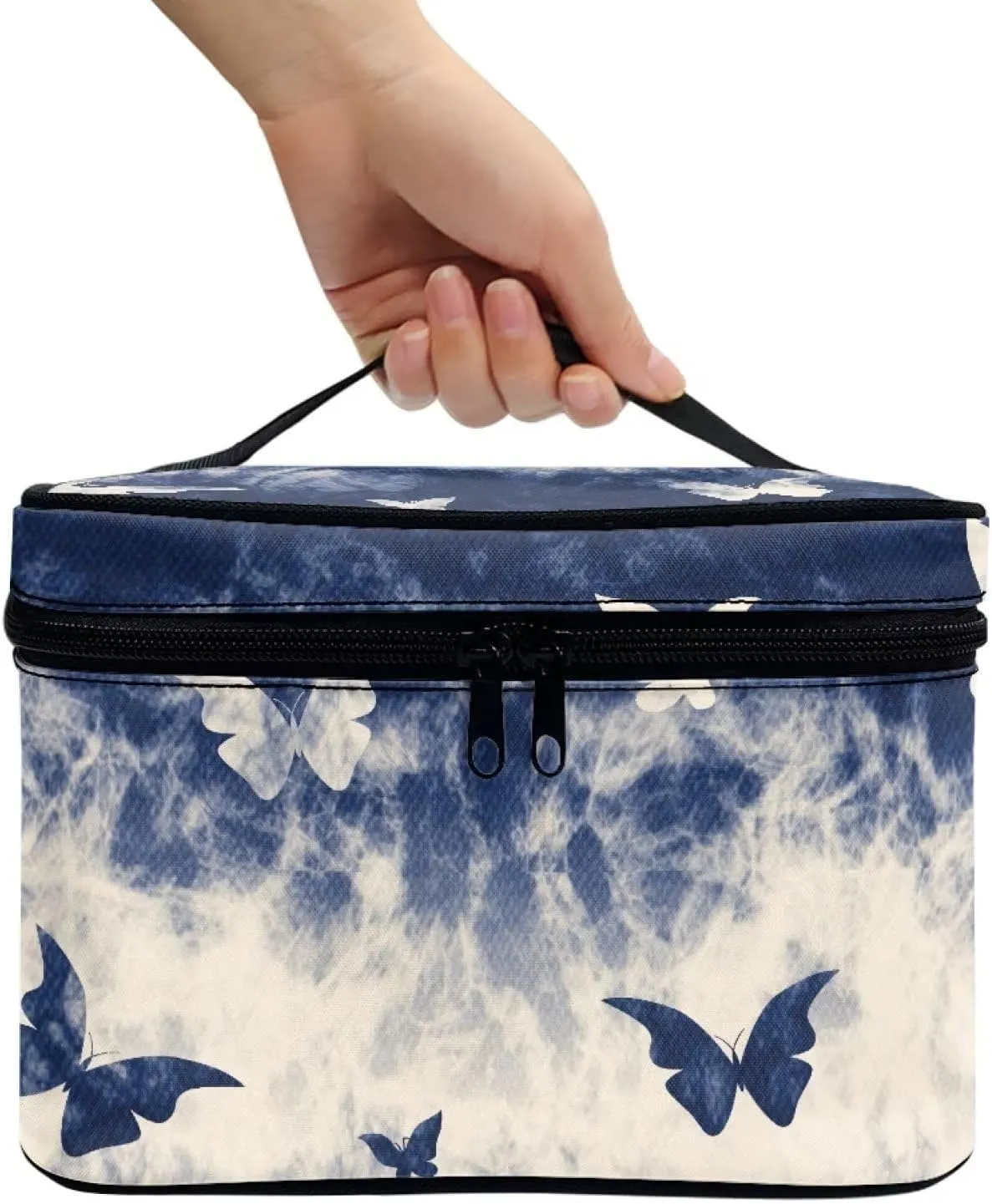 Flashideas Blue Butterfly Print Makeup Bag Large Opening Design Makeup Bag Cosmetic Organizer Storage Case Makeup Organizer Bag for Travel with Makeup Brushes Compartments