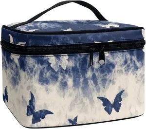 Flashideas Blue Butterfly Print Makeup Bag Large Opening Design Makeup Bag Cosmetic Organizer Storage Case Makeup Organizer Bag for Travel with Makeup Brushes Compartments