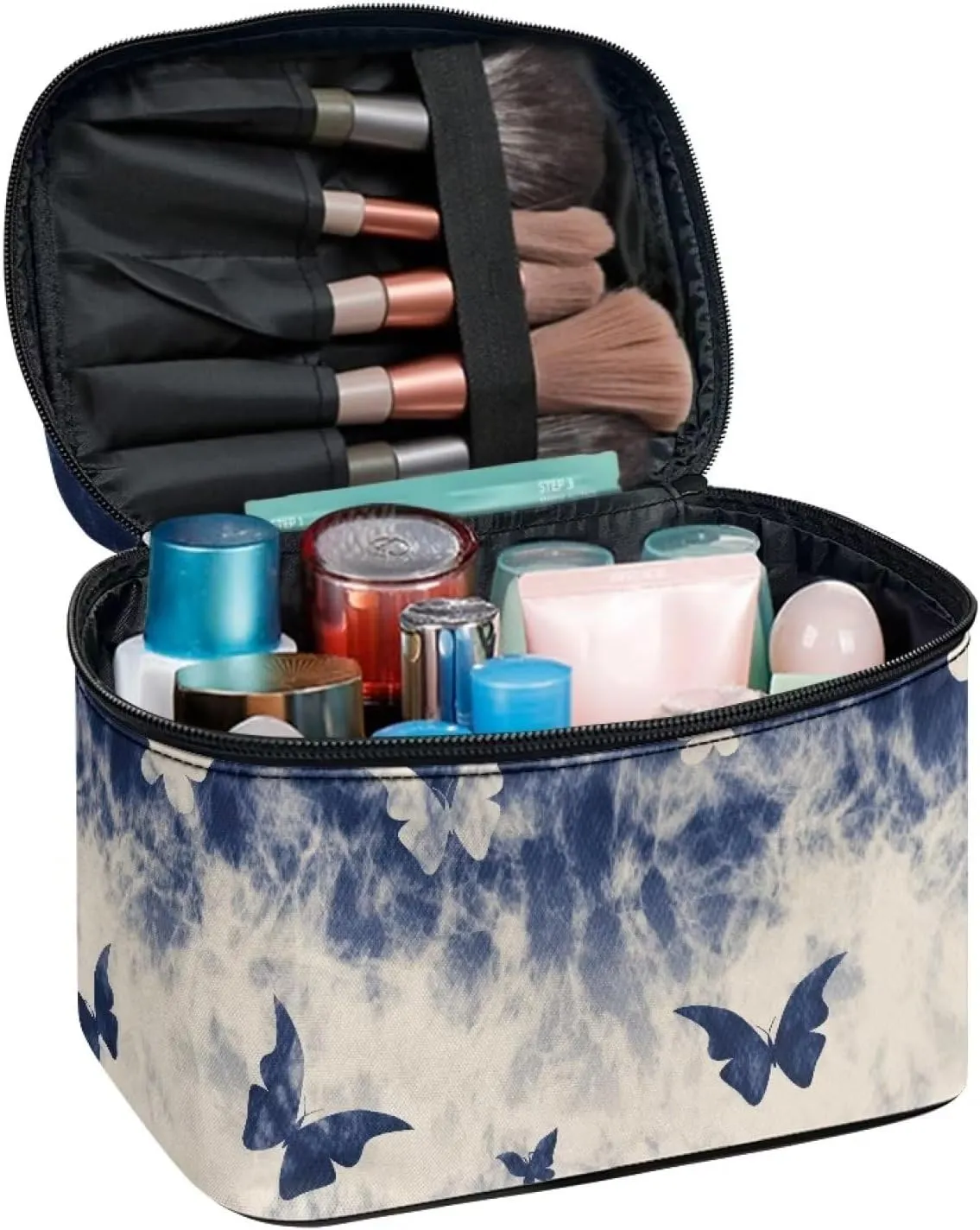 Flashideas Blue Butterfly Print Makeup Bag Large Opening Design Makeup Bag Cosmetic Organizer Storage Case Makeup Organizer Bag for Travel with Makeup Brushes Compartments