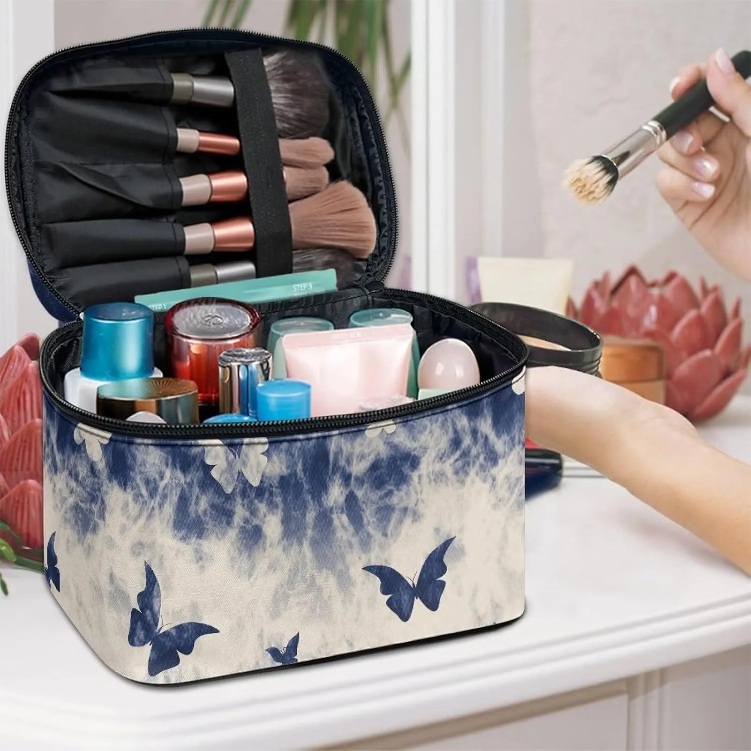 Flashideas Blue Butterfly Print Makeup Bag Large Opening Design Makeup Bag Cosmetic Organizer Storage Case Makeup Organizer Bag for Travel with Makeup Brushes Compartments