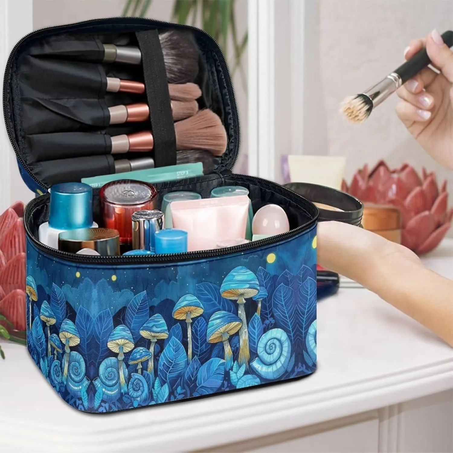 Flashideas Blue Mushroom Cosmetic Bag Makeup Organizer Bag for Travel Can Hold Makeup Brushes Skincare Large Capacity Travel Toiletry Bag with Handle for Jewelry, Lipstick, Cosmetic Box