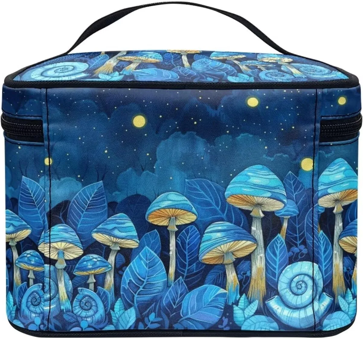 Flashideas Blue Mushroom Cosmetic Bag Makeup Organizer Bag for Travel Can Hold Makeup Brushes Skincare Large Capacity Travel Toiletry Bag with Handle for Jewelry, Lipstick, Cosmetic Box