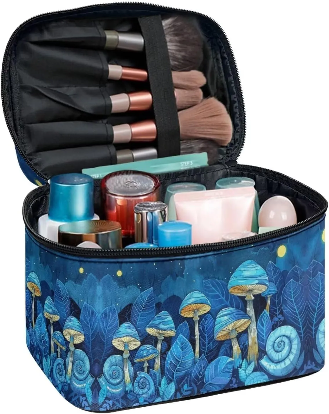 Flashideas Blue Mushroom Cosmetic Bag Makeup Organizer Bag for Travel Can Hold Makeup Brushes Skincare Large Capacity Travel Toiletry Bag with Handle for Jewelry, Lipstick, Cosmetic Box