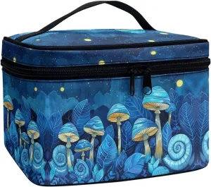 Flashideas Blue Mushroom Cosmetic Bag Makeup Organizer Bag for Travel Can Hold Makeup Brushes Skincare Large Capacity Travel Toiletry Bag with Handle for Jewelry, Lipstick, Cosmetic Box