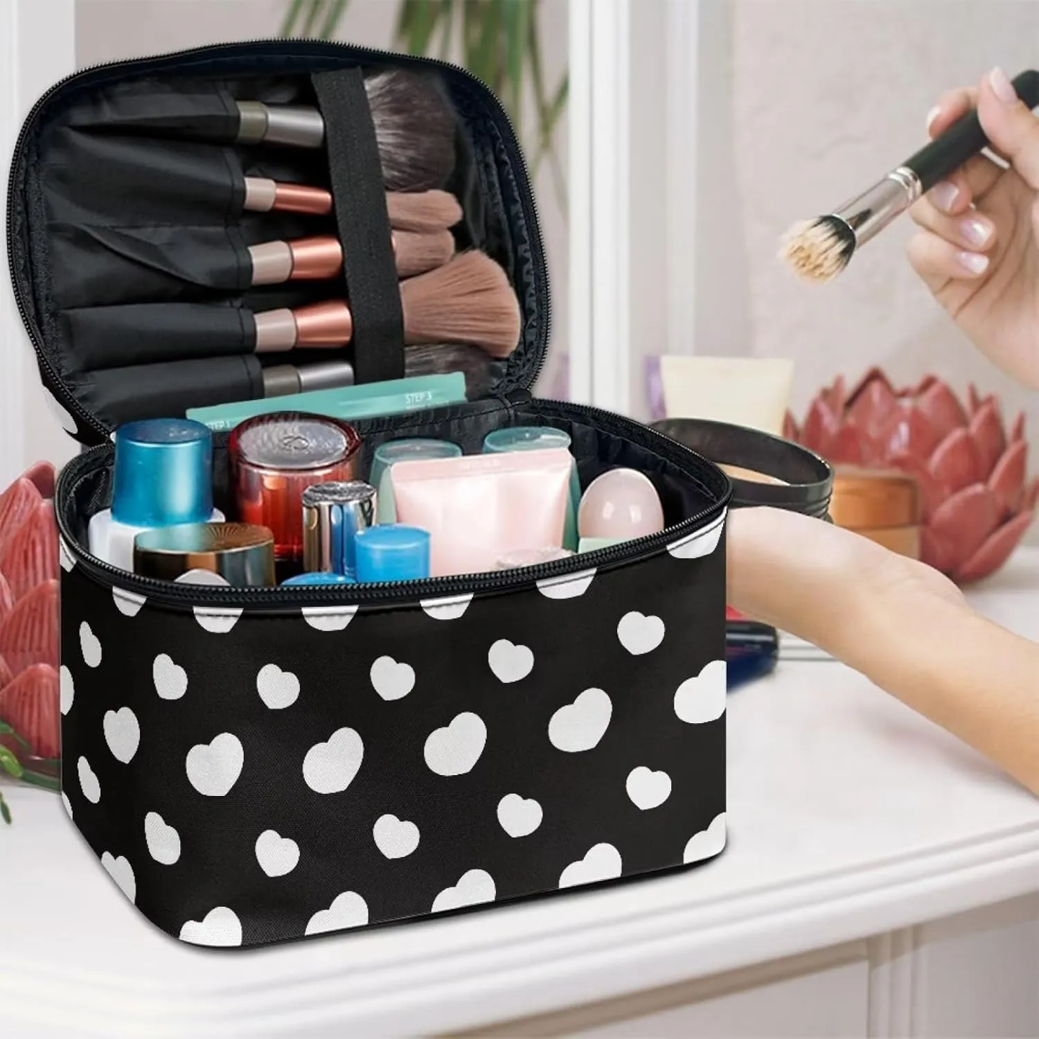 Flashideas White Heart Cosmetic Bag Makeup Organizer Bag for Travel Easy to Take Makeup Bags Case Organizer Multifunctional Makeup Double Zippers Birthday Gifts for Sisters Friend