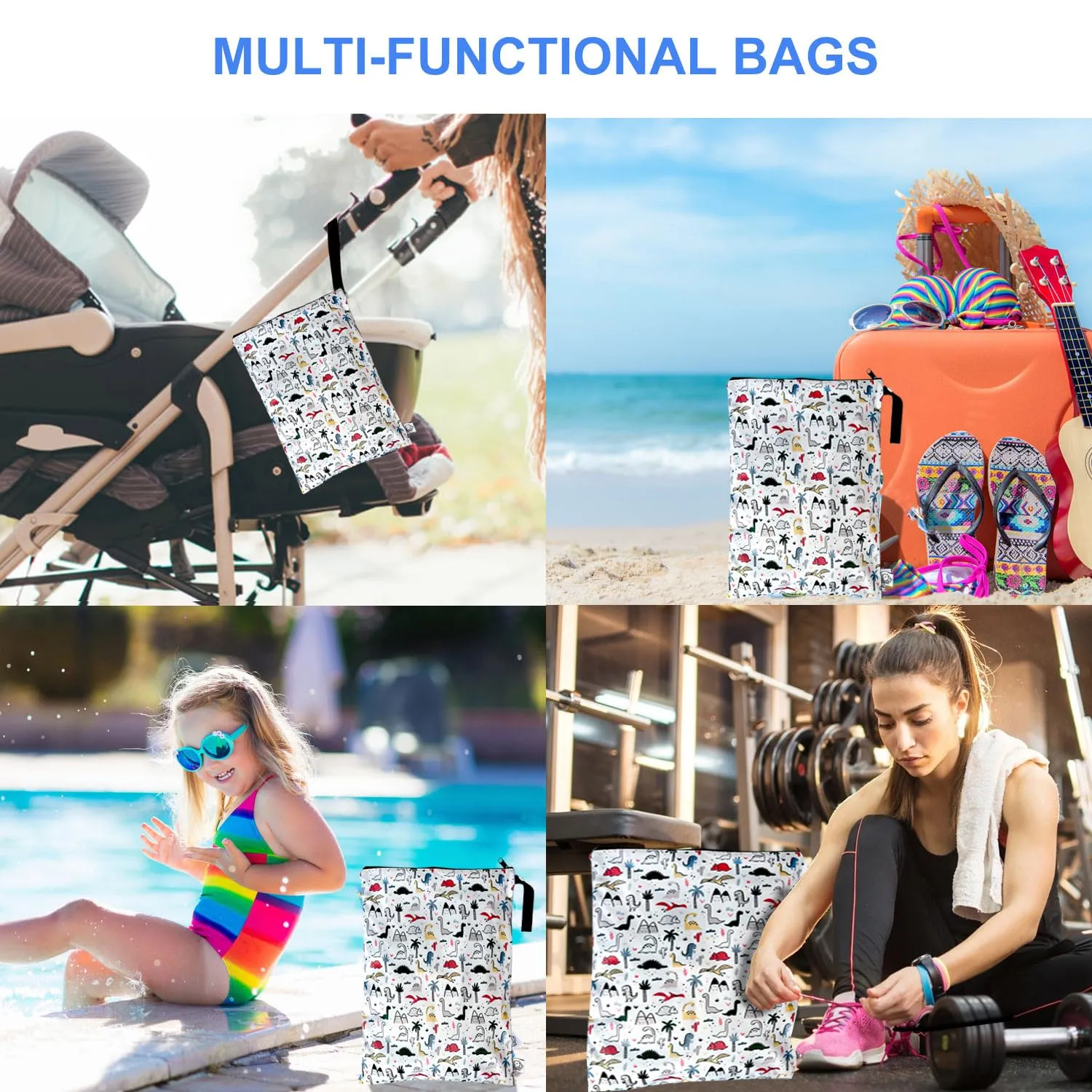 FLOCK THREE Washable and Reusable Wet Bag Diaper Bag Water Resistant Swimming Bag Travel Toiletries Pouch Bears Cats Zippered 12.6'' x 16.5''