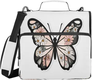 Floral Butterfly White 3 Ring Zipper Binder with Shoulder Strap Portfolio Organizer for School Office Supplies Storage