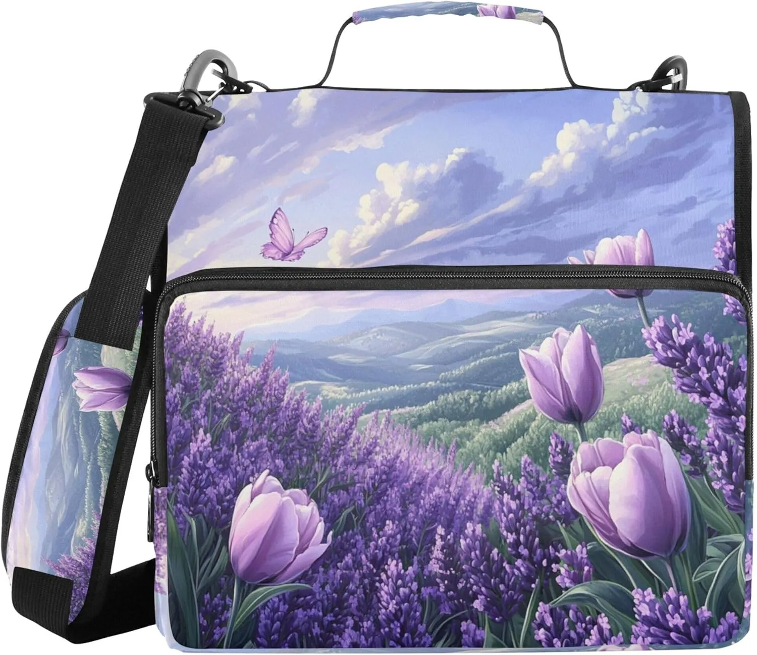 Flower Lavender Spring Zippered Binder Bag with Shoulder Strap Easy to Carry 1.5 Inch 3 Rings Pencil Bags Portfolio Binder Office Files Organizer
