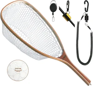 Fly Fishing Net Trout Net with Magnetic Release and Rod Holder Wooden Frame Landing Net with Soft Rubber Mesh for Catch and Release (Clear Small Holes)
