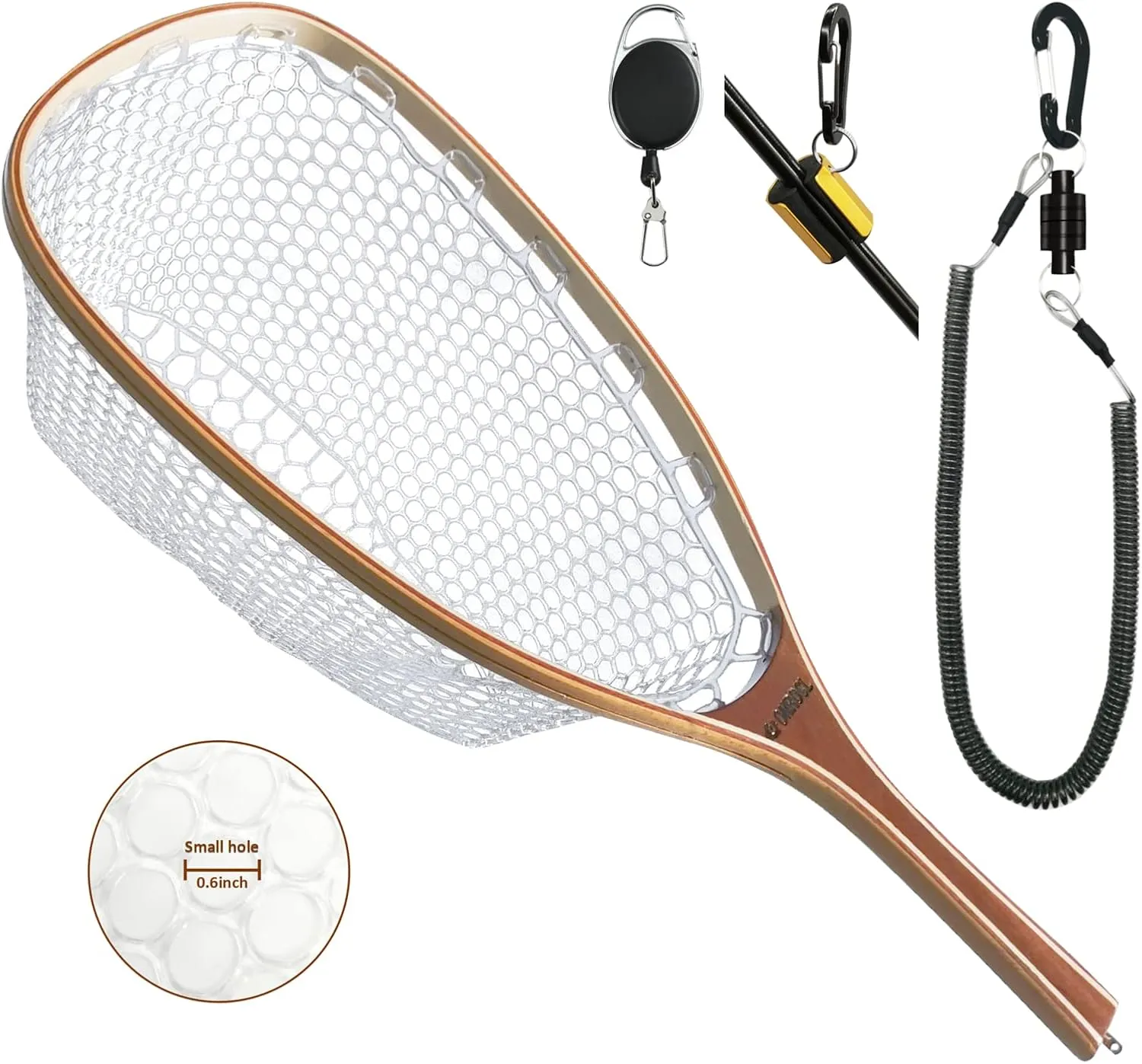 Fly Fishing Net Trout Net with Magnetic Release and Rod Holder Wooden Frame Landing Net with Soft Rubber Mesh for Catch and Release (Clear Small Holes)