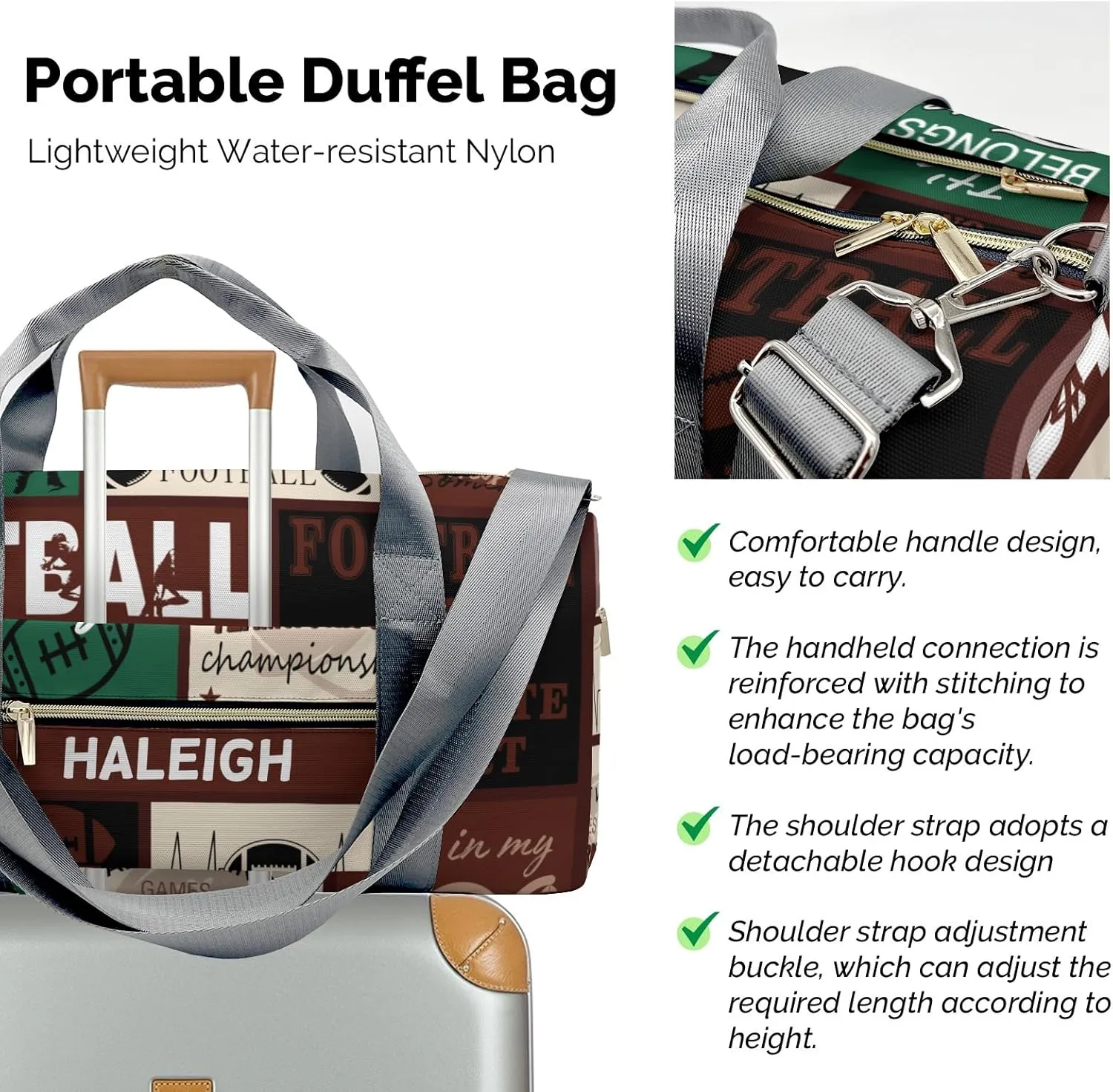 Football Gym Bags Travel Duffle Bag, Lightweight Weekender Duffel Bag With Shoe Compartment, Personalized Name Workout Duffle Sports Bag for Travel Yoga