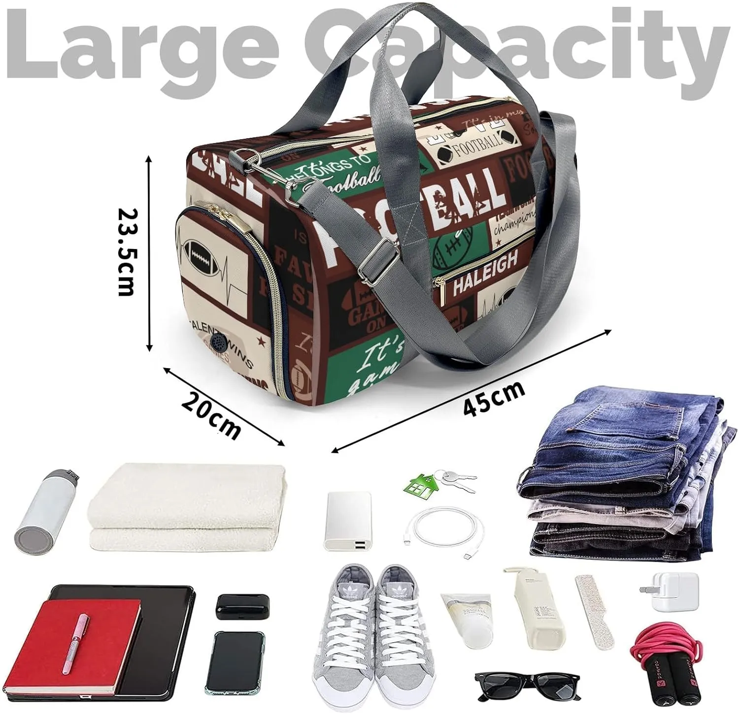 Football Gym Bags Travel Duffle Bag, Lightweight Weekender Duffel Bag With Shoe Compartment, Personalized Name Workout Duffle Sports Bag for Travel Yoga