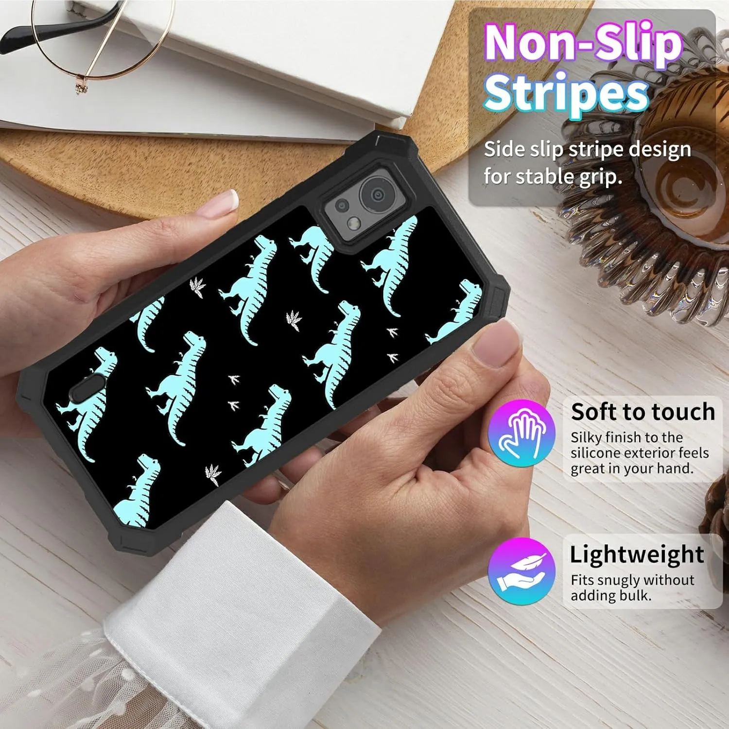 for Cricket Icon 5 Phone Case with 1 * Screen Protector, Dual Layer Hybrid Full-Body Shockproof Drop Protection Durable Case with Four Corners for Icon 5/AT&T Motivate 4, Blue Dinosaur