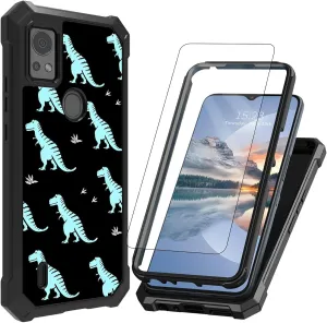 for Cricket Icon 5 Phone Case with 1 * Screen Protector, Dual Layer Hybrid Full-Body Shockproof Drop Protection Durable Case with Four Corners for Icon 5/AT&T Motivate 4, Blue Dinosaur