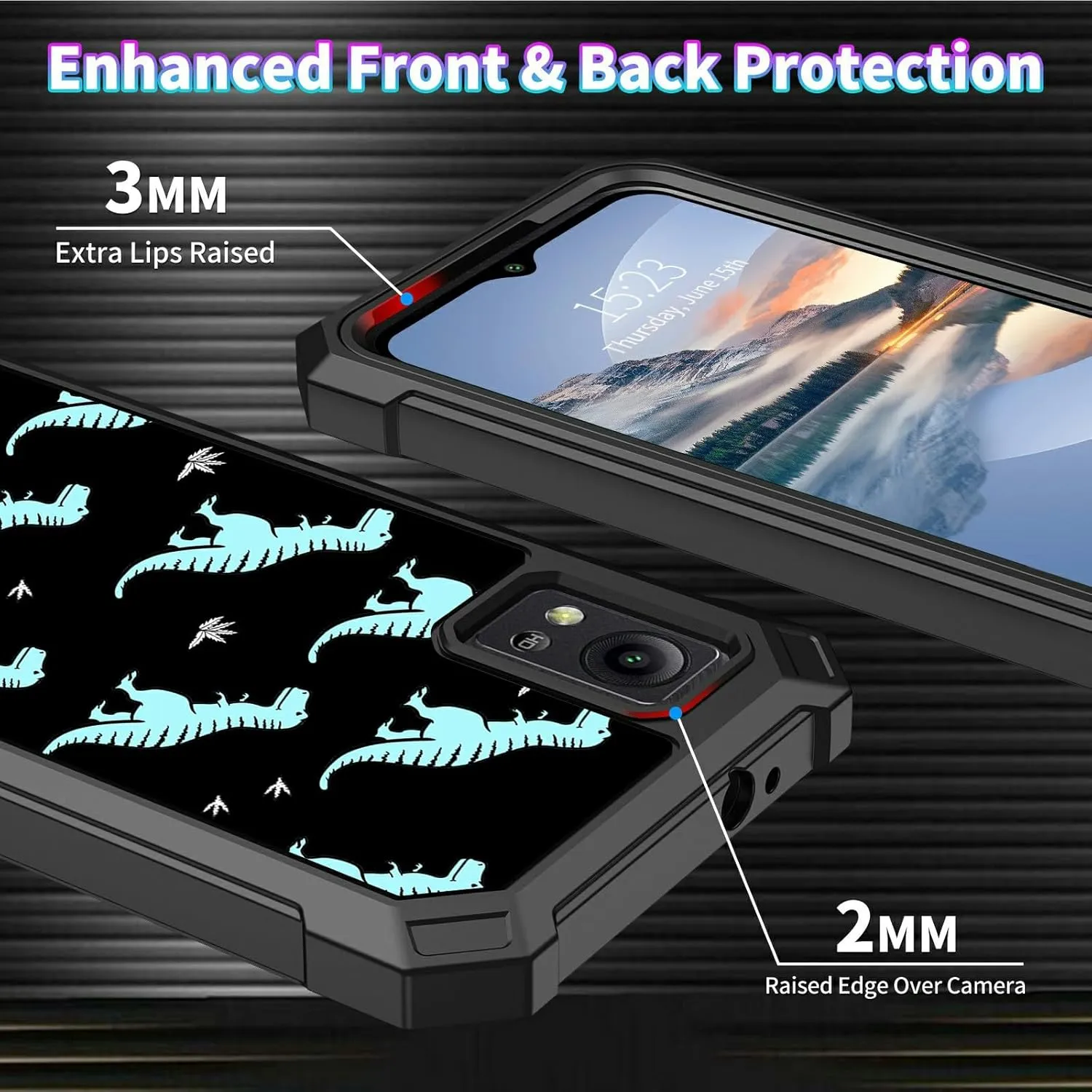 for Cricket Icon 5 Phone Case with 1 * Screen Protector, Dual Layer Hybrid Full-Body Shockproof Drop Protection Durable Case with Four Corners for Icon 5/AT&T Motivate 4, Blue Dinosaur