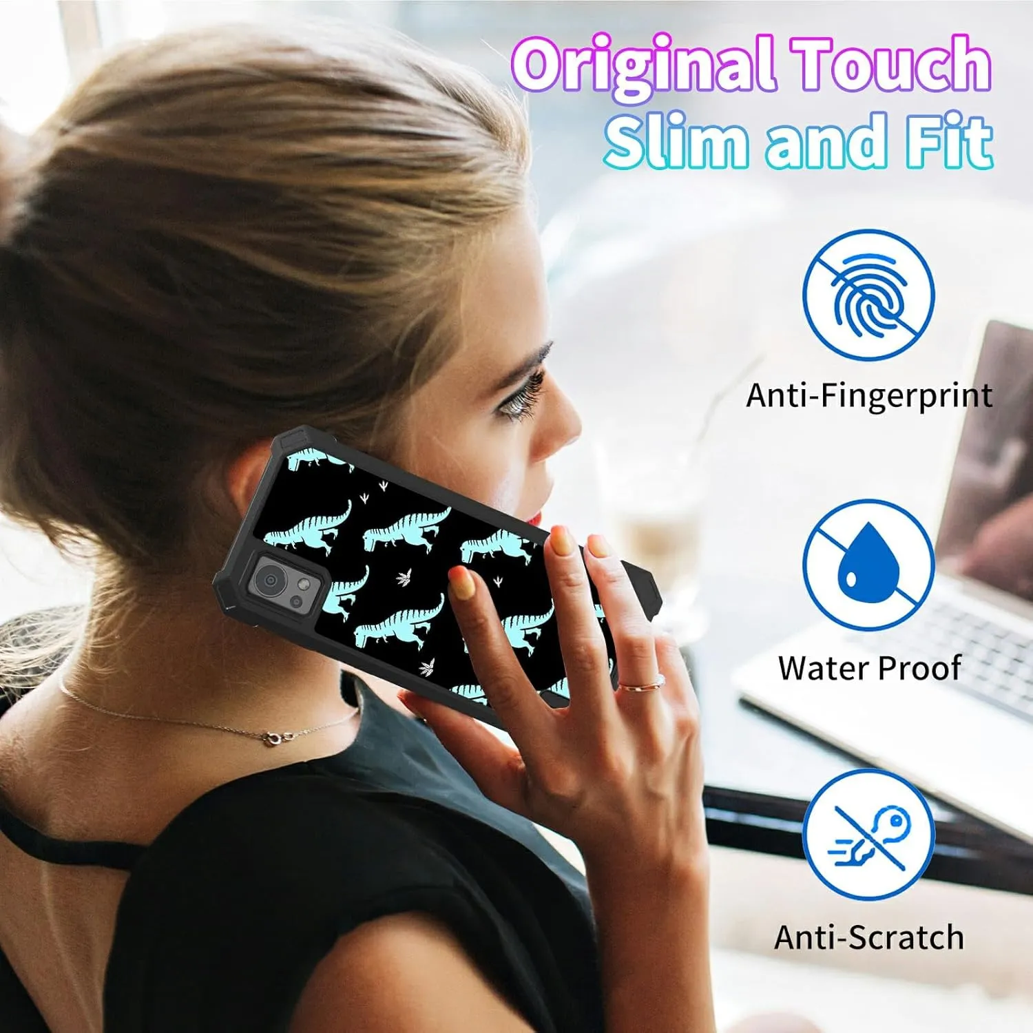 for Cricket Icon 5 Phone Case with 1 * Screen Protector, Dual Layer Hybrid Full-Body Shockproof Drop Protection Durable Case with Four Corners for Icon 5/AT&T Motivate 4, Blue Dinosaur